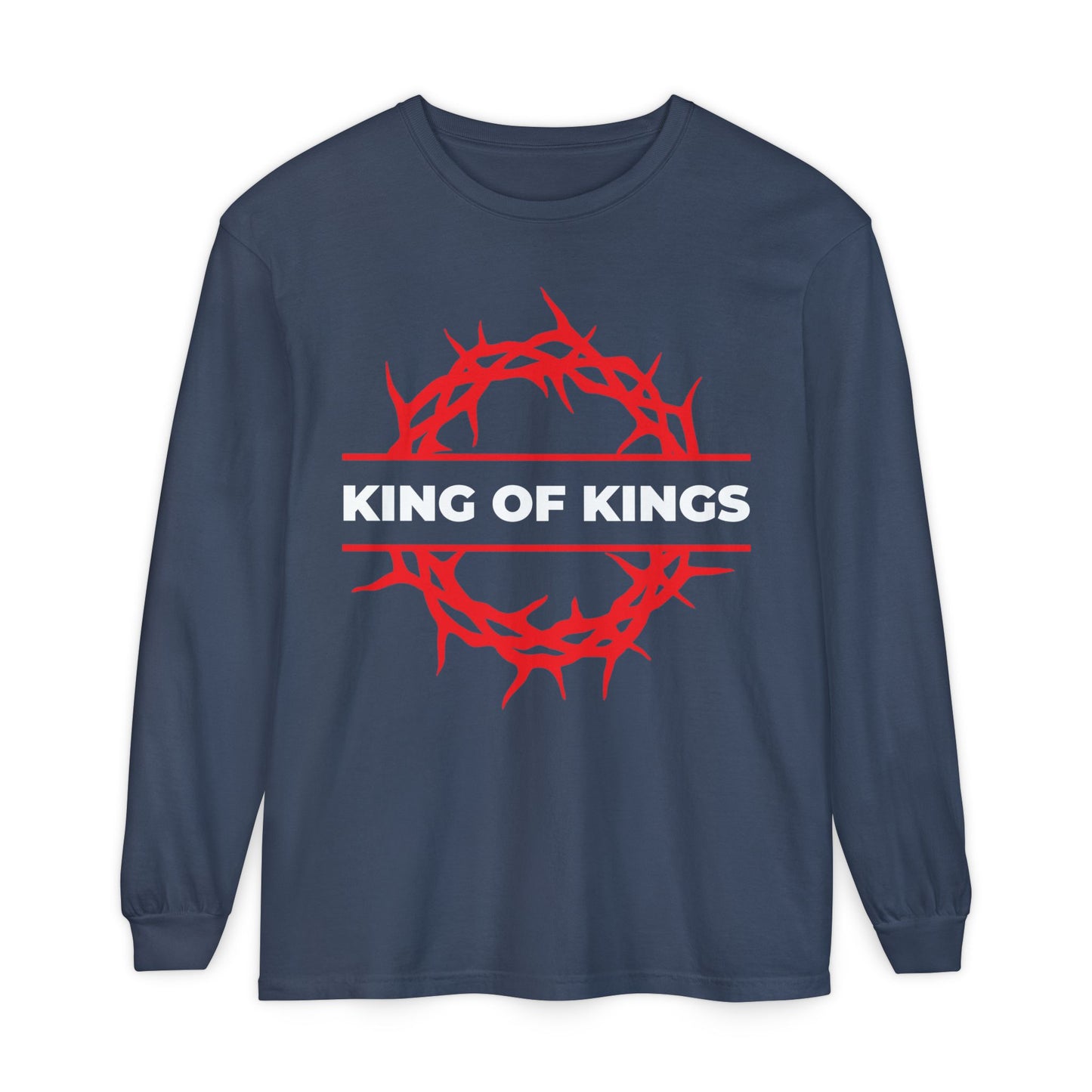 Midnight cotton long-sleeve shirt featuring a red crown of thorns and KING OF KINGS text, inspired by Revelation 19:16—The King of Glory returns! Christ is King.