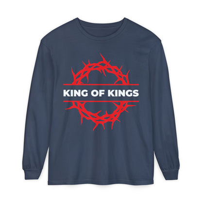 Midnight cotton long-sleeve shirt featuring a red crown of thorns and KING OF KINGS text, inspired by Revelation 19:16—The King of Glory returns! Christ is King.