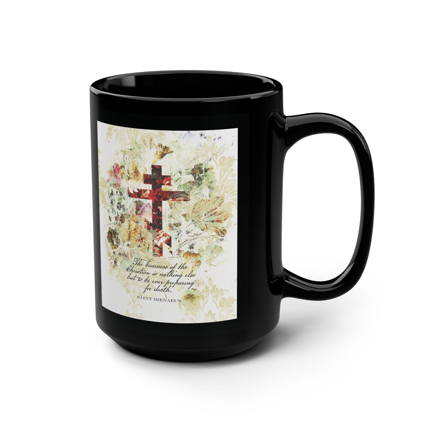 Preparing For Death | White & Beige Floral Scrapbook Texture Cross | Arts & Crafts Style | St Irenaeus | Orthodox Christian Black Mug