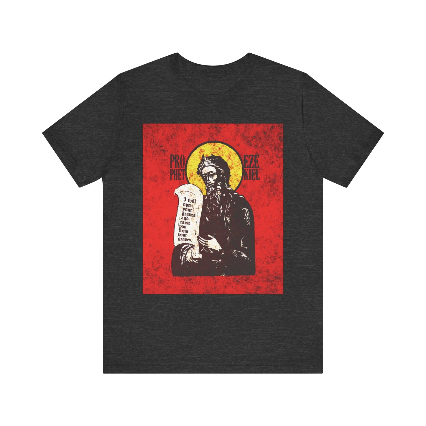 Sure! Here’s a revised version of your sentence using the product data: Dark Grey Heather t-shirt featuring the Prophet Ezekiel IconoGraphic—a high-contrast, textured depiction of a bearded figure holding a scroll, set against a bright red and yellow background. This Old Testament Christian tee is inspired by the breath of life and the Spirit of the Lord.