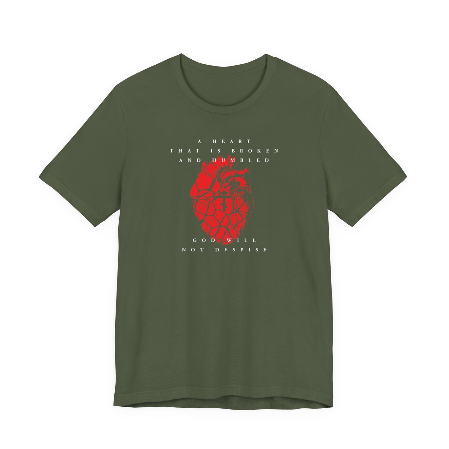 Military green unisex cotton t-shirt featuring a cracked heart with Orthodox cross and "A heart that is broken and humbled God will not despise"—a Christian reminder of repentance, inspired by Psalm 50.