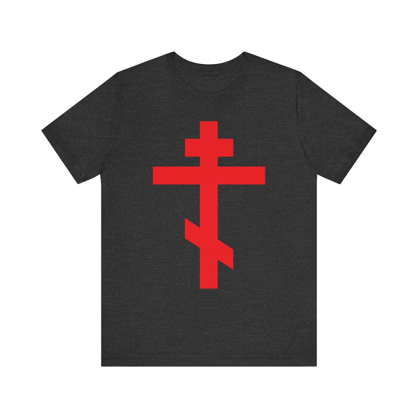 Dark Grey Heather t-shirt featuring a large bright red Orthodox Cross inspired by the Troparion: "Preserve Thy People By Thy Cross, O Lord." Lightweight cotton, unisex fit, "Crucified With Christ" and "Christ is King" themes.