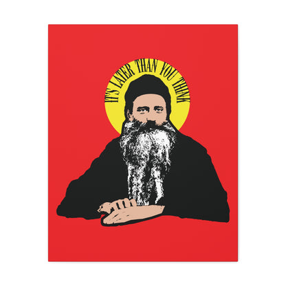 Modern Orthodox Christian wall art: “It’s Later Than You Think” quote from Fr Seraphim Rose in a yellow halo, featuring a bearded man in black on a red background. Inspired by reflections on life and eternity.
