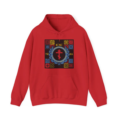 Let All Adverse Powers Be Crushed (Red, Yellow & Blue Design) | ICXC NIKA | Medieval Tile Design | Orthodox Christian Hoodie