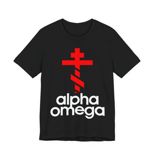 Alpha & Omega Red Cross | Red Adidas Logo Mashup | Modern Graphic Design | Orthodox Christian Unisex Cotton T-Shirt