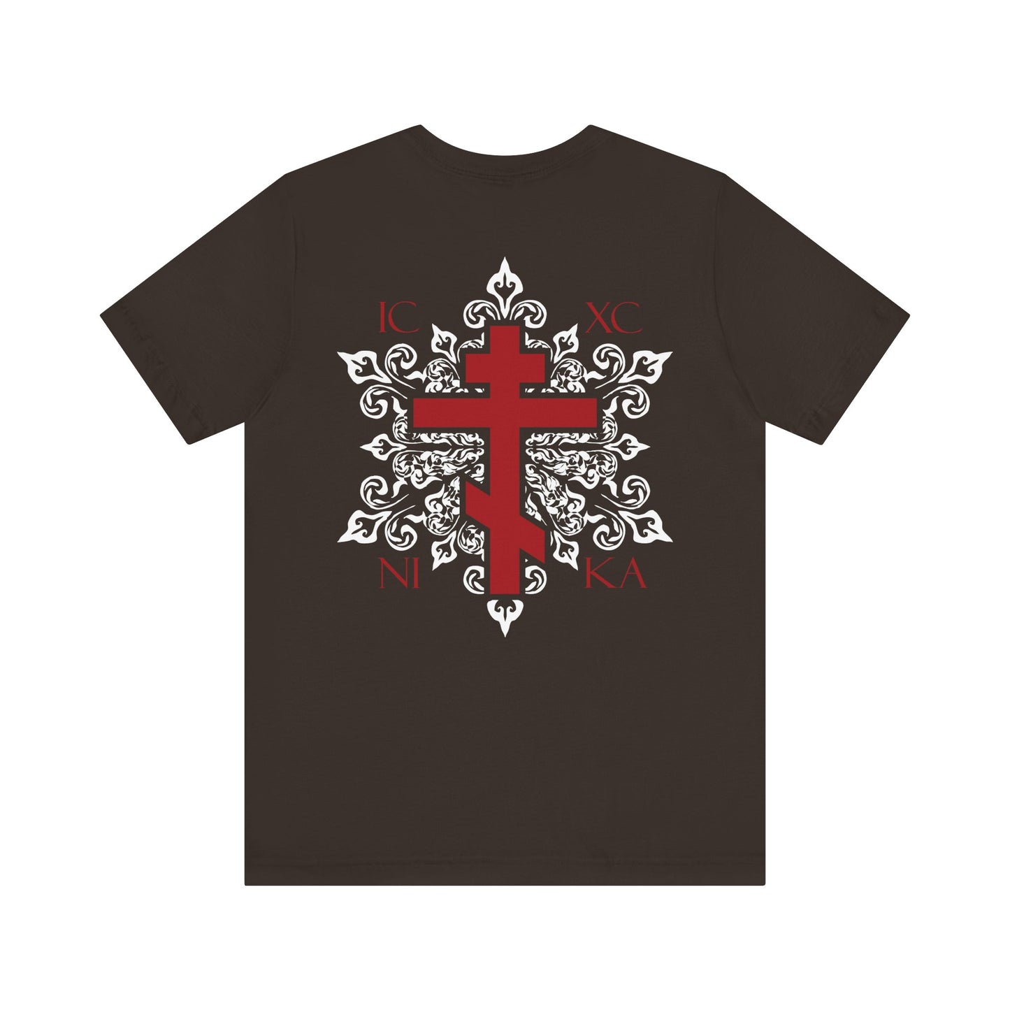 ICXC NIKA lightweight cotton unisex t-shirt featuring a red Orthodox cross on the back, a matching red cross on the front left breast, and an elegant white medieval floral design, available as a custom order for personalized style.