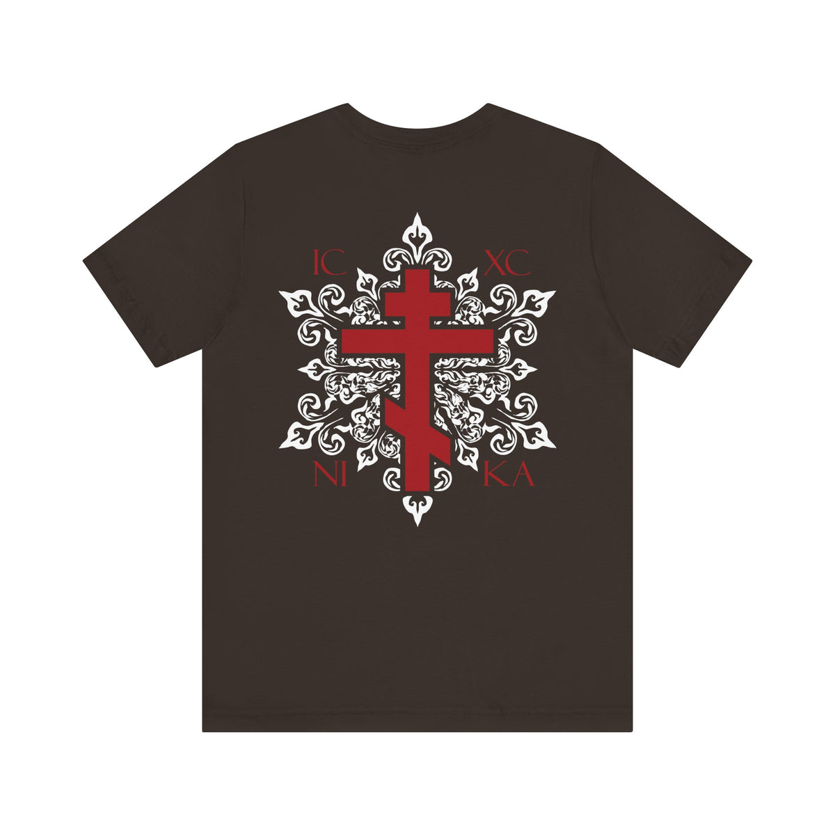 ICXC NIKA lightweight cotton unisex t-shirt featuring a red Orthodox cross on the back, a matching red cross on the front left breast, and an elegant white medieval floral design, available as a custom order for personalized style.