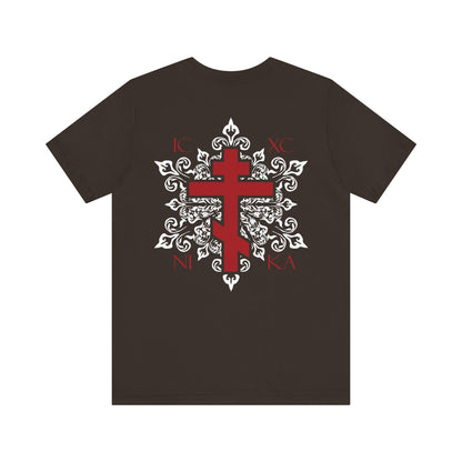 ICXC NIKA lightweight cotton unisex t-shirt featuring a red Orthodox cross on the back, a matching red cross on the front left breast, and an elegant white medieval floral design, available as a custom order for personalized style.