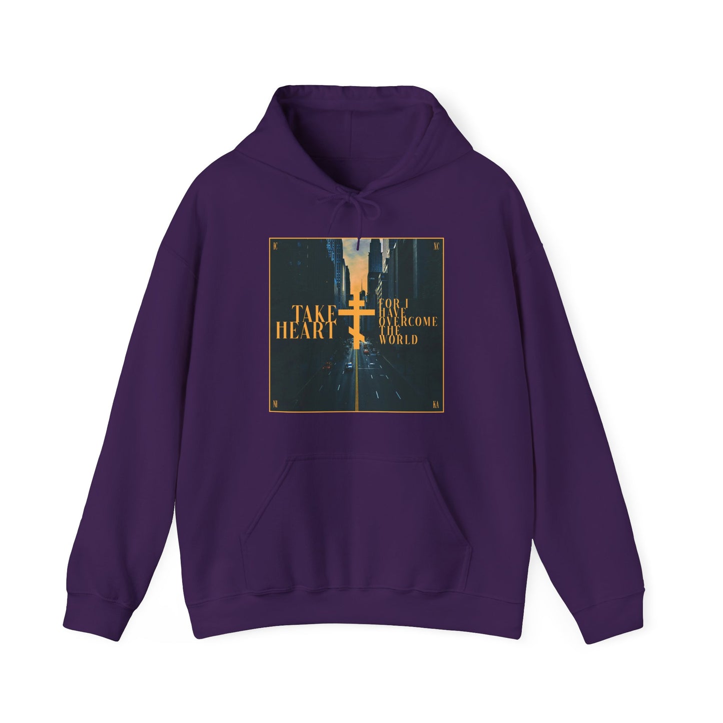 Purple “Take Heart, For I Have Overcome the World” Orthodox Christian hoodie featuring a modern city street scene design—a reminder from John 16:33 to seek joy and faith in challenging times.
