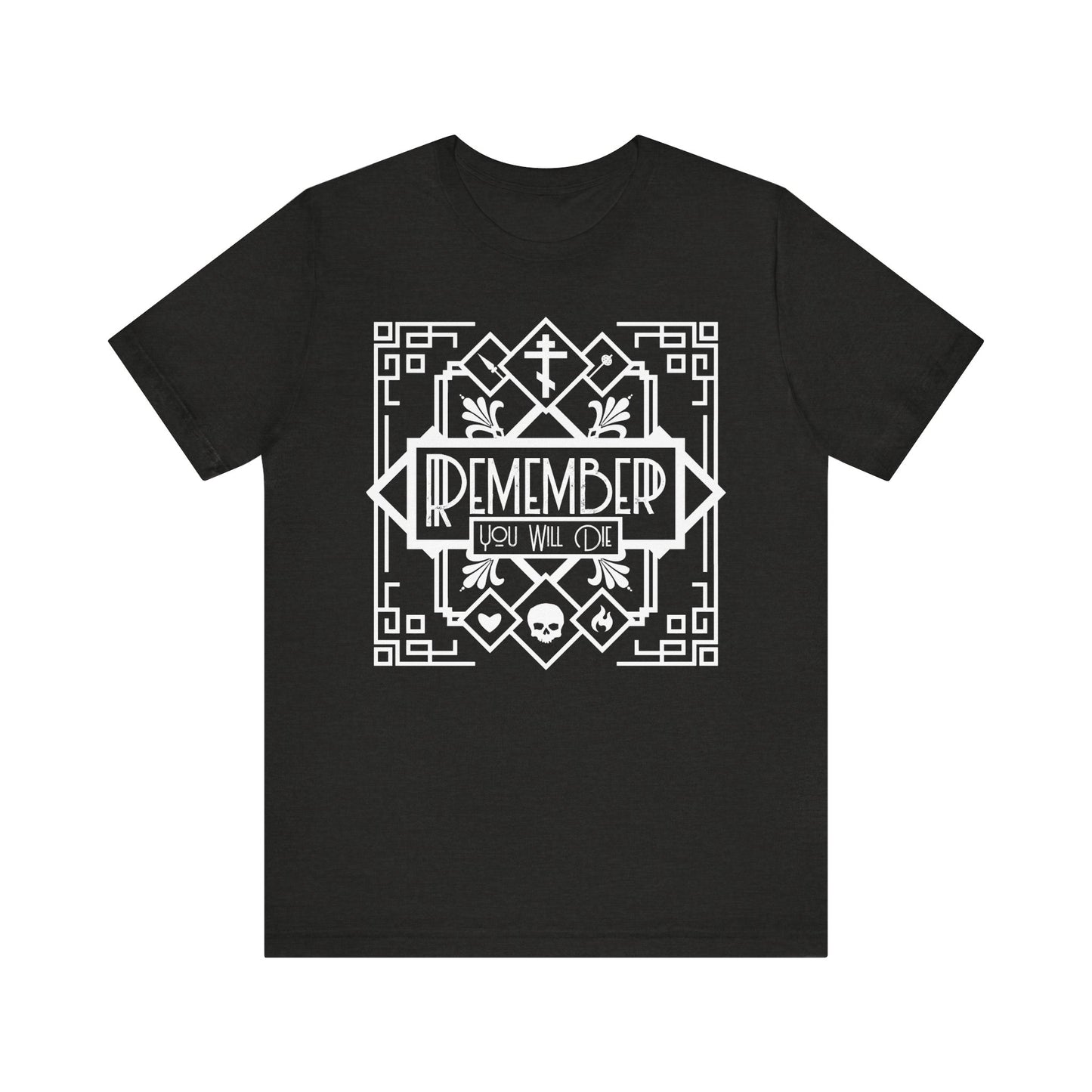 Black Heather t-shirt featuring a white art deco "Remember You Will Die" line design with skull, heart, and fire elements. Inspired by Memento Mori and Orthodox hymn themes. Lightweight unisex cotton.