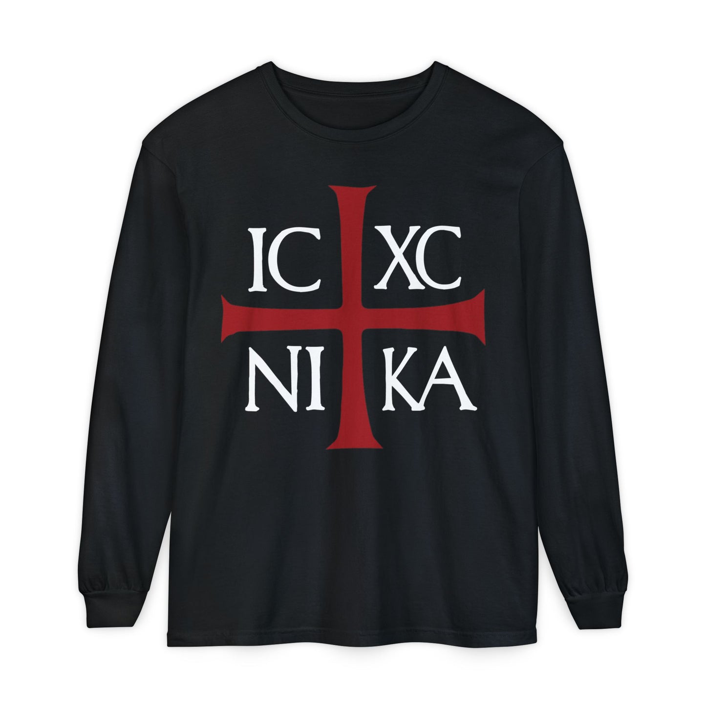 Black long-sleeve cotton shirt featuring a red cross and white ancient Byzantine Christogram “ICXC NIKA,” meaning “Jesus Christ Conquers;” inspired by Orthodox Christian tradition.