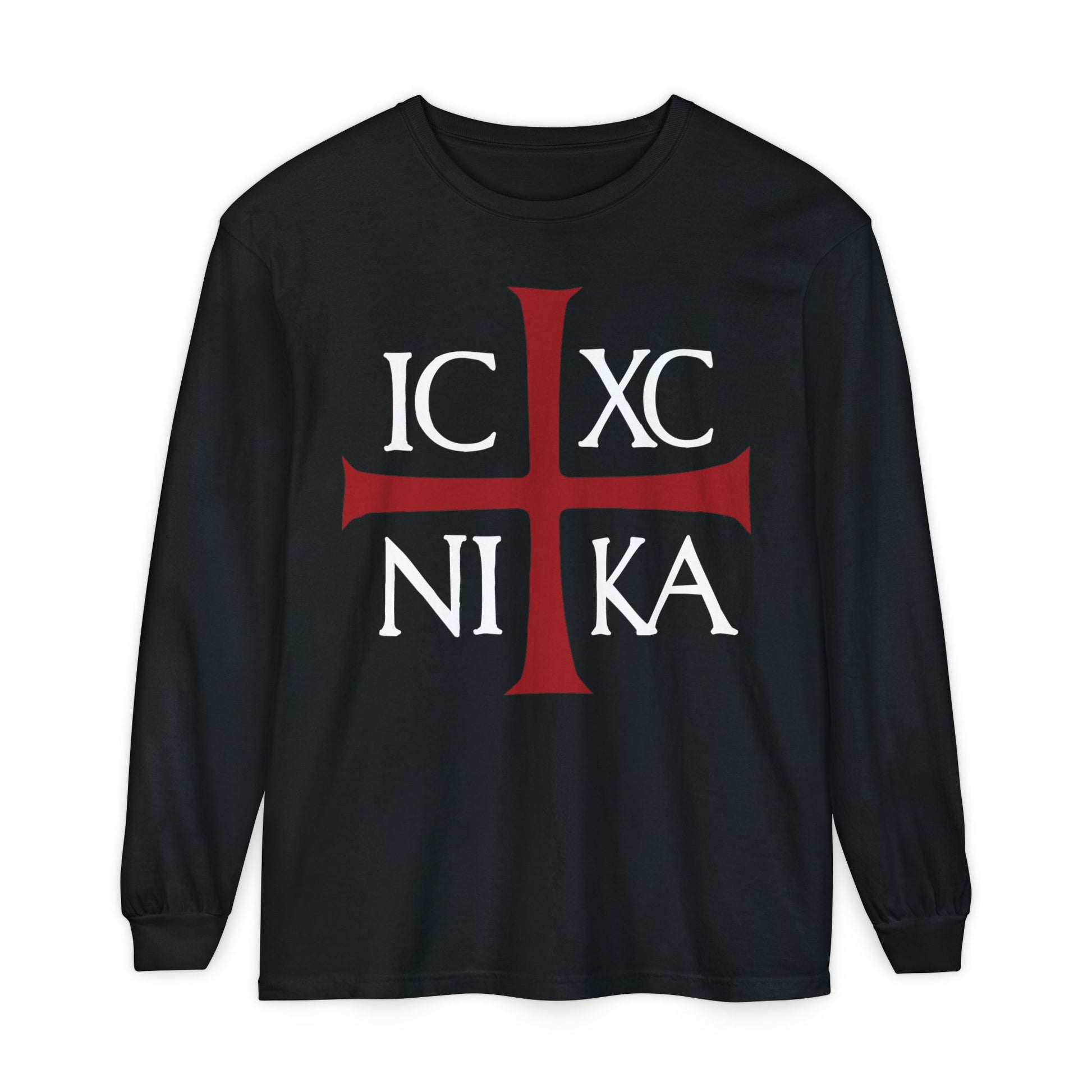 Black long-sleeve cotton shirt featuring a red cross and white ancient Byzantine Christogram “ICXC NIKA,” meaning “Jesus Christ Conquers;” inspired by Orthodox Christian tradition.