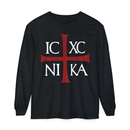 Black long-sleeve cotton shirt featuring a red cross and white ancient Byzantine Christogram “ICXC NIKA,” meaning “Jesus Christ Conquers;” inspired by Orthodox Christian tradition.