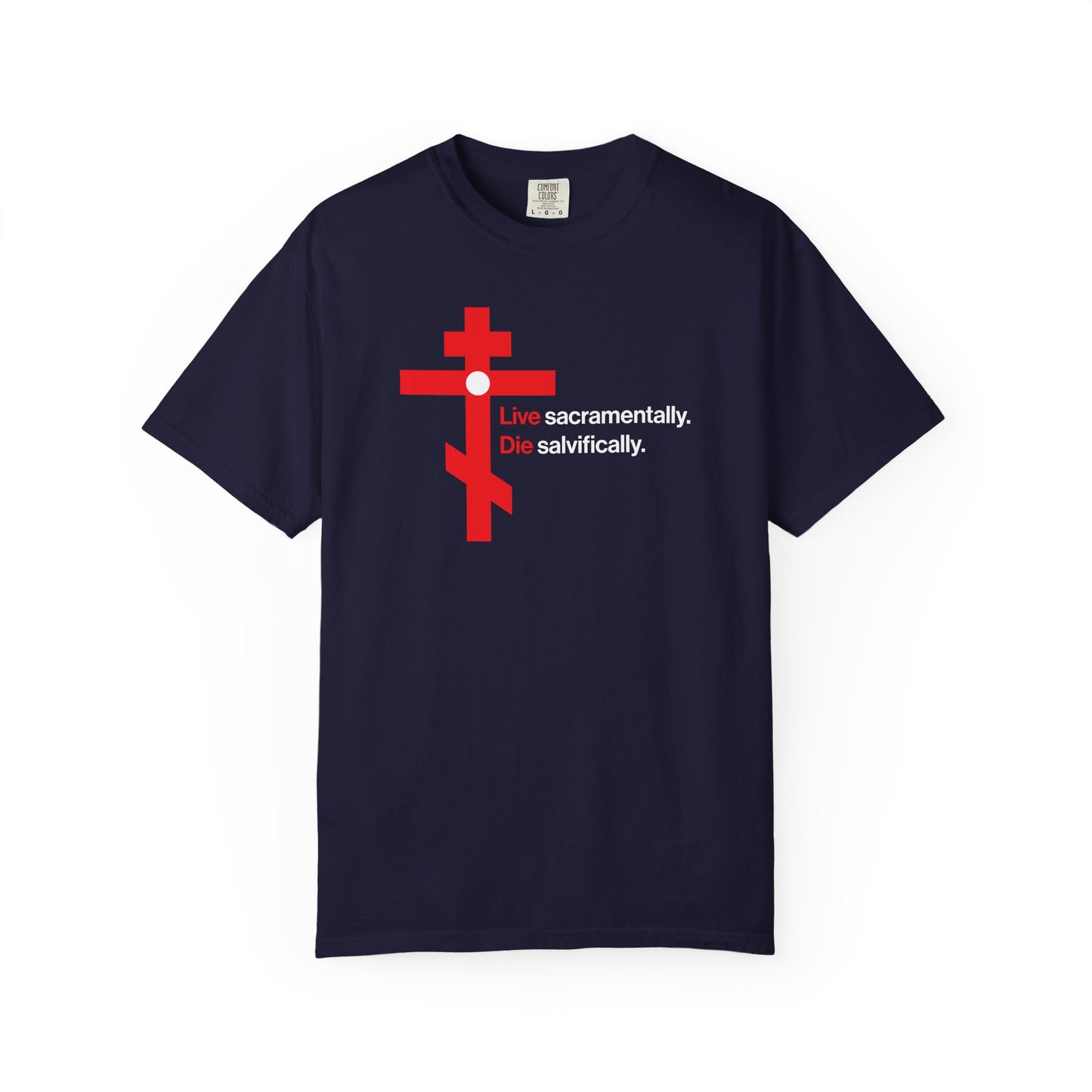 Live Sacramentally, Die Salvifically | Remember You Will Die | Memento Mori | Red Orthodox Cross White Circle | Heavyweight Cotton Unisex Tee