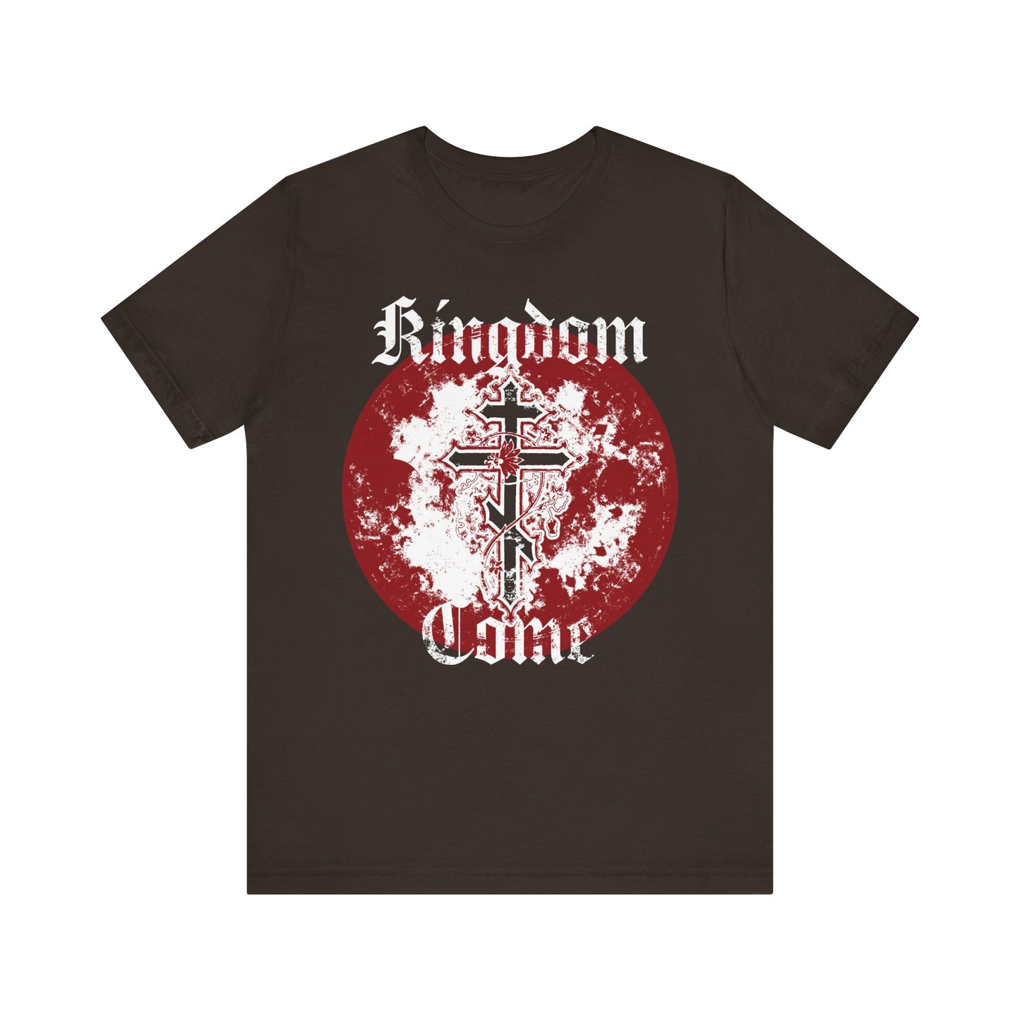 Brown T-shirt featuring "Thy Kingdom Come" in a textured gothic font, two Orthodox crosses with vine detailing, and a distressed red circle—a bold nod to the Lord’s Prayer.
