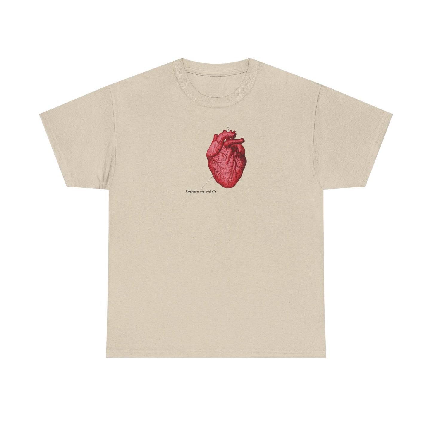 Sand-colored heavy cotton t-shirt featuring a red retro medical textbook heart, Orthodox cross, "Remember You Will Die," and memento mori text inspired by Christian themes of mercy and repentance.