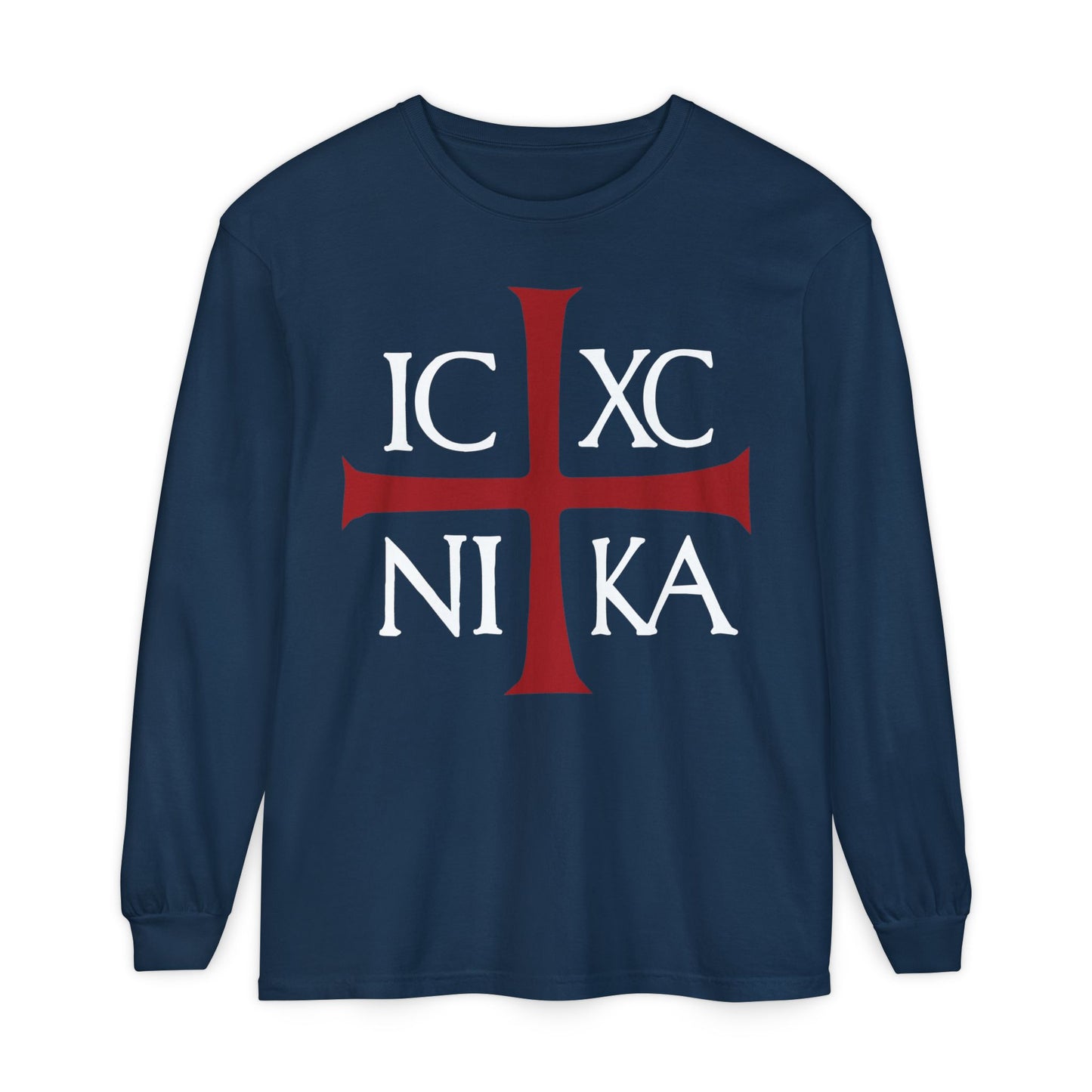 True Navy Orthodox Christian long-sleeve featuring a red cross and white "IC XC NI KA" (Jesus Christ Conquers) inspired by the ancient Byzantine Christogram. Made of cotton.