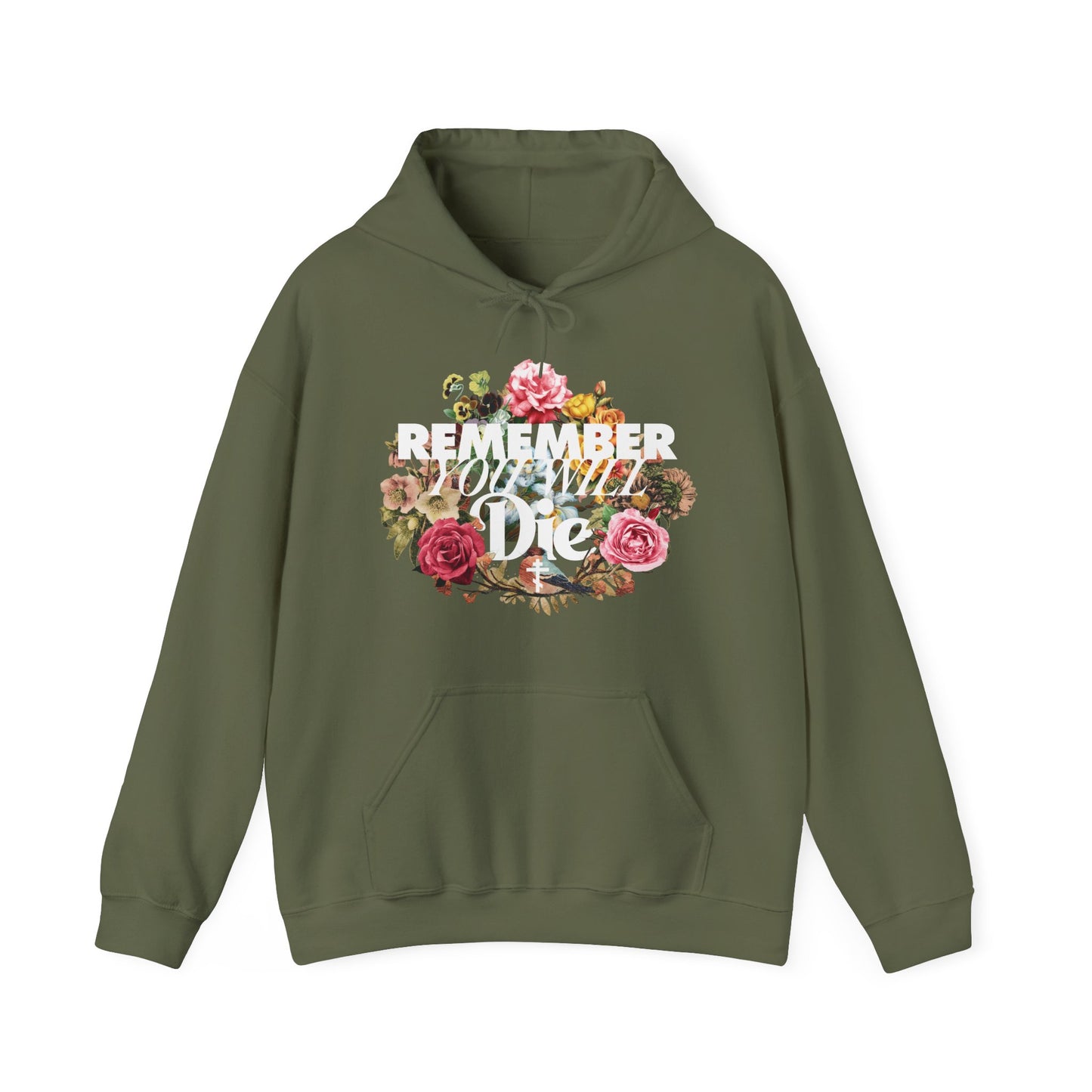 Remember You Will Die | Cross | Classic Typography & Floral Wreath Design (FRONT PRINT) | Memento Mori | Orthodox Christian Hoodie
