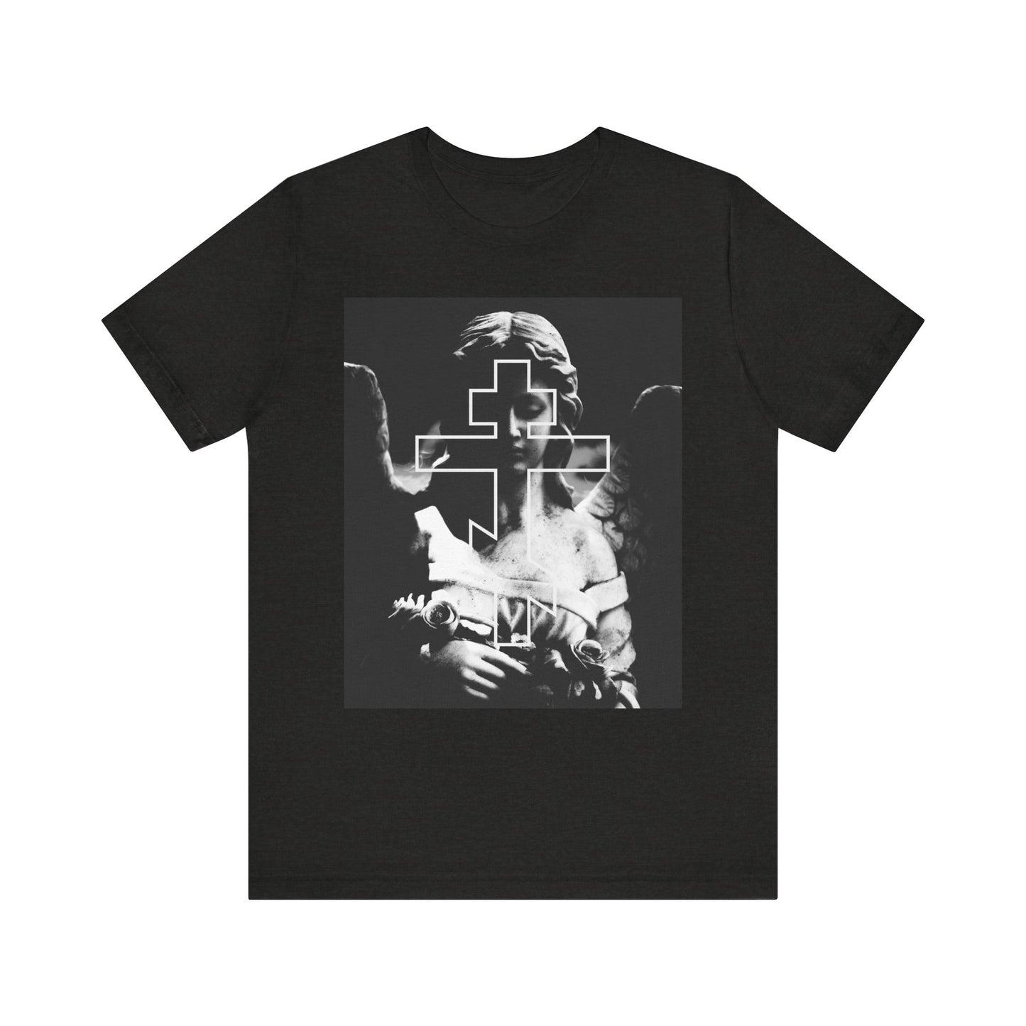 Black Heather unisex tee featuring a grayscale Cemetery Angel and Orthodox Cross design with "Remember You Will Die"—a lightweight cotton goth aesthetic memento mori statement piece.