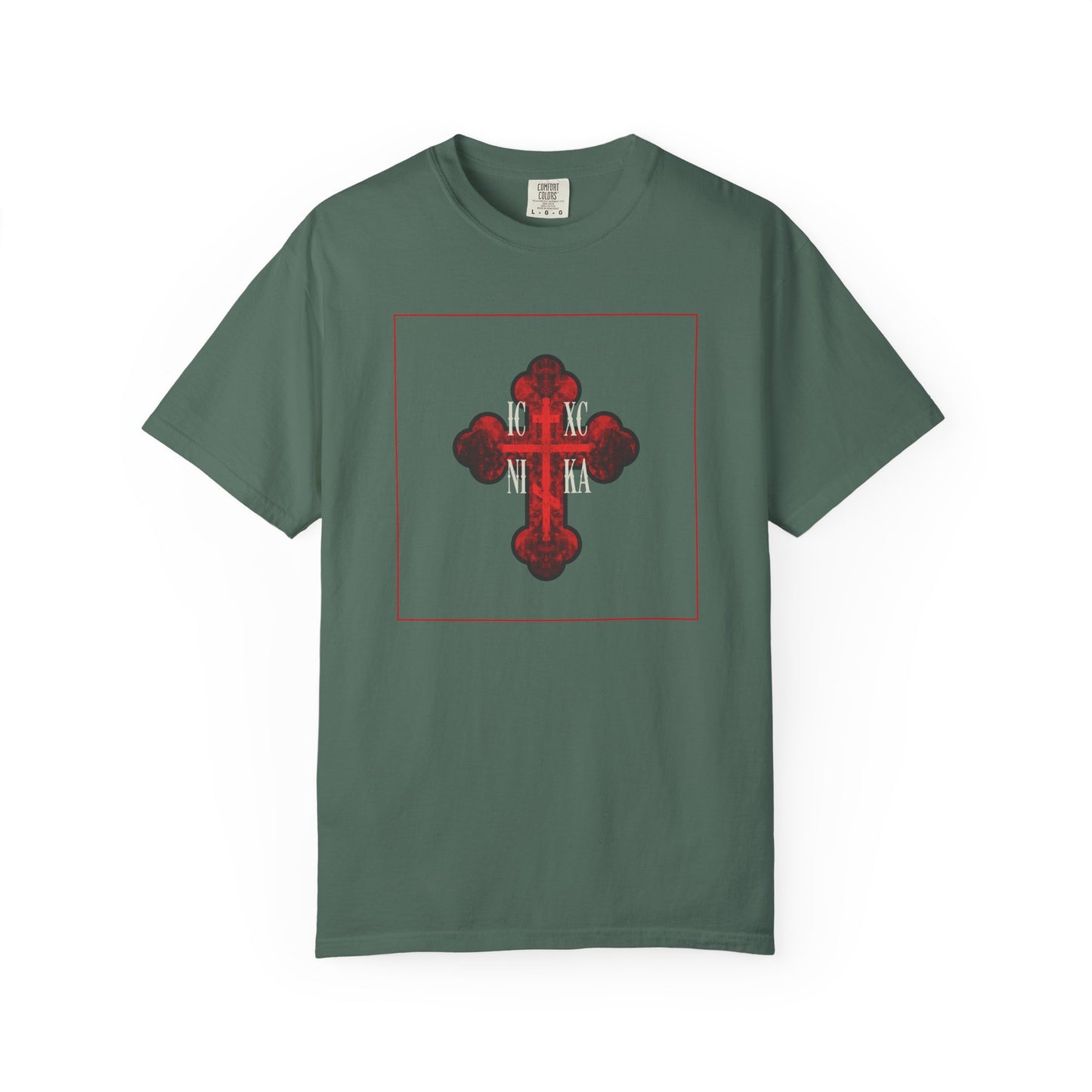 Blue Spruce heavyweight cotton unisex tee featuring the "ICXC NIKA Red Glowing Ornate Textured Orthodox Cross" design with Greek letters centered on the front—symbolizing the precious Cross, the symbol of salvation that brings sanctification and purification to the faithful.