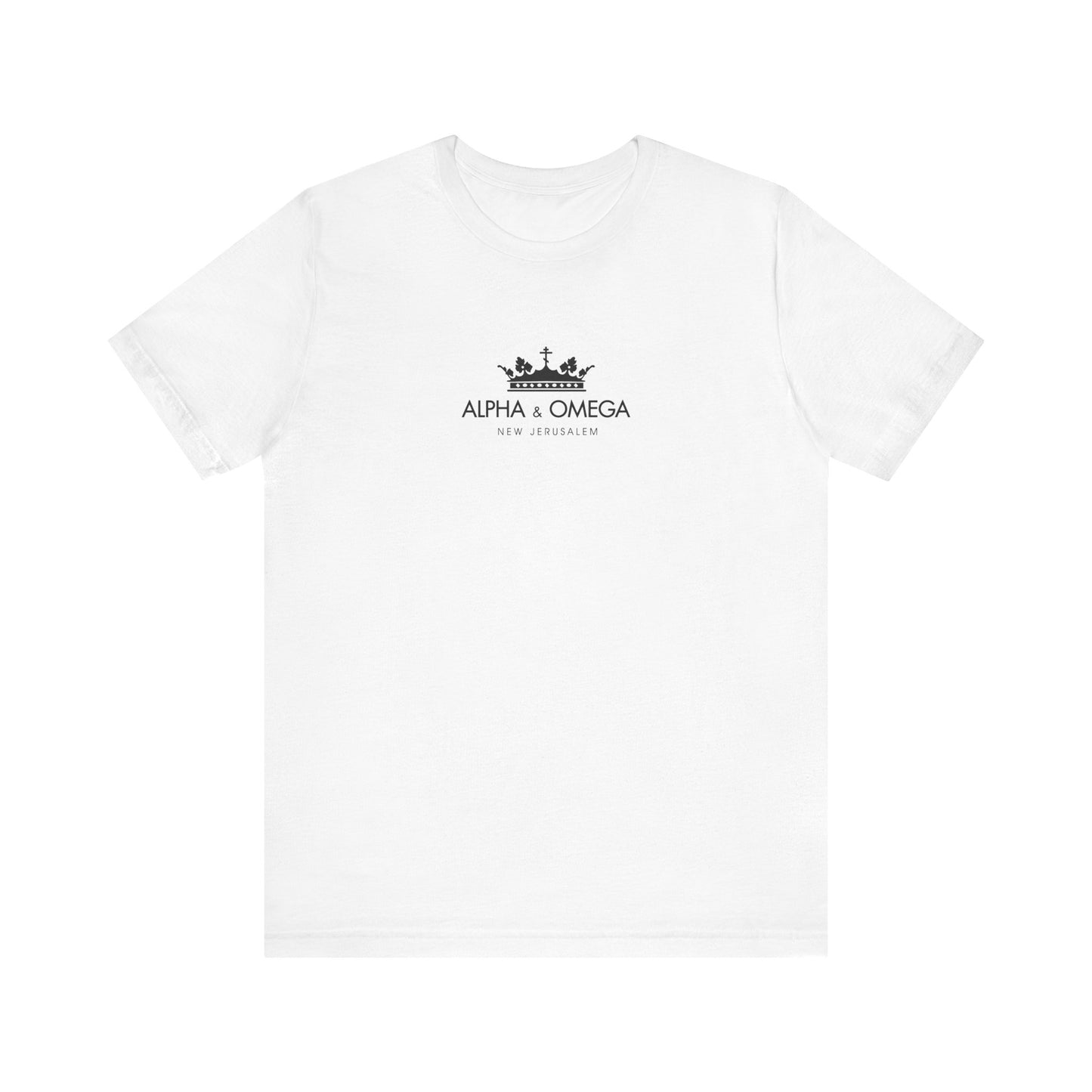 White lightweight cotton unisex T-shirt featuring a black crown with Orthodox cross and ALPHA & OMEGA NEW JERUSALEM text on the front, inspired by Revelation and Second Coming themes.