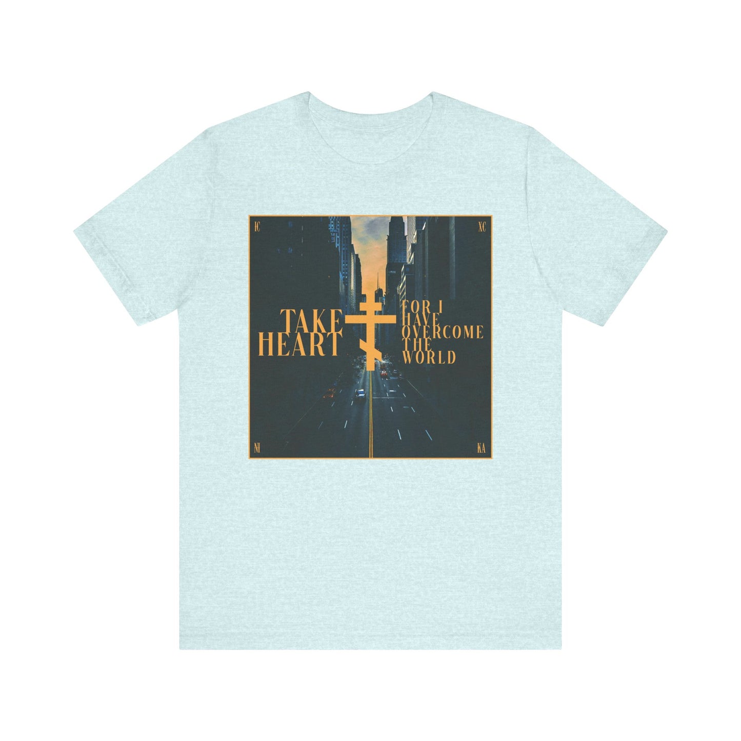 Take Heart, For I Have Overcome the World (John 16:33) | Redemptive Modern City Street Scene Design | Lightweight Cotton Unisex Tee