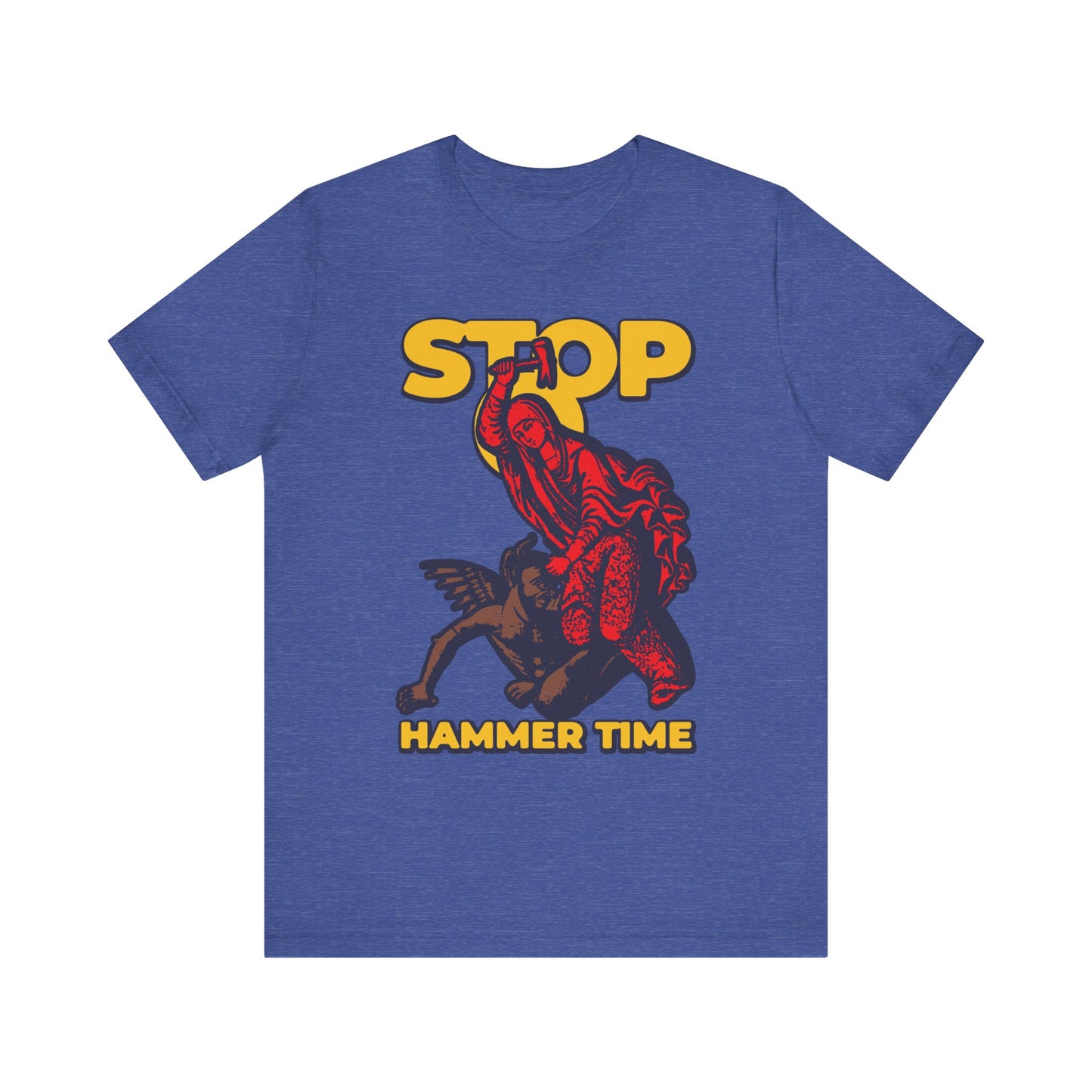 Heather True Royal unisex t-shirt featuring the “St Marina of Antioch Beating Devil with Hammer | Stop, Hammer Time” Orthodox meme design—depicting a stylized image inspired by Saint Marina of Antioch’s legendary triumph over evil. Crafted from lightweight cotton in vivid red, blue, and yellow accents.