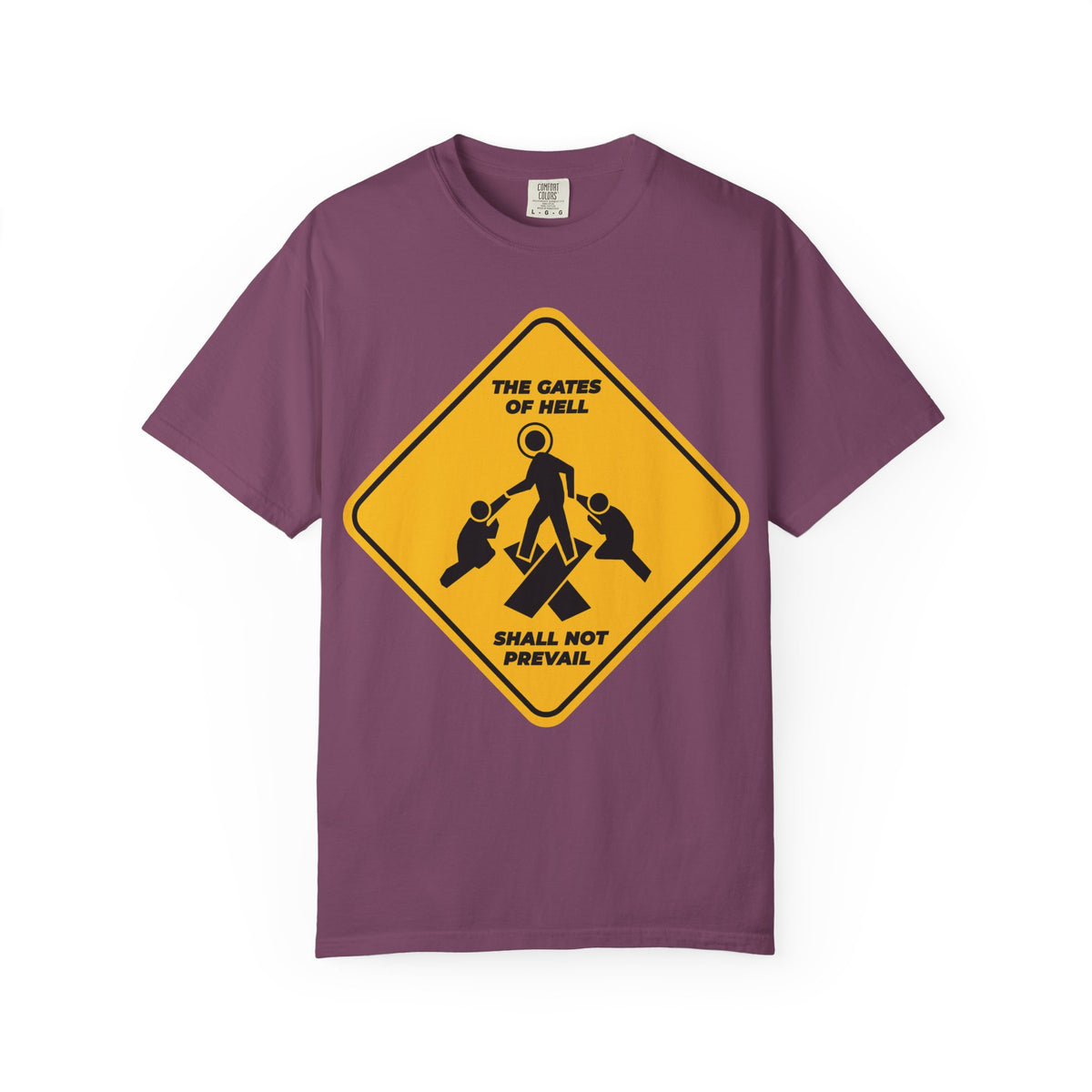 Berry heavyweight cotton unisex tee featuring a yellow street sign minimalist Pascha icon with the phrase “The Gates of Hell Shall Not Prevail” and stylized figures, inspired by St. John Chrysostom and the “treasures of darkness” from Isaiah 45:2–3.