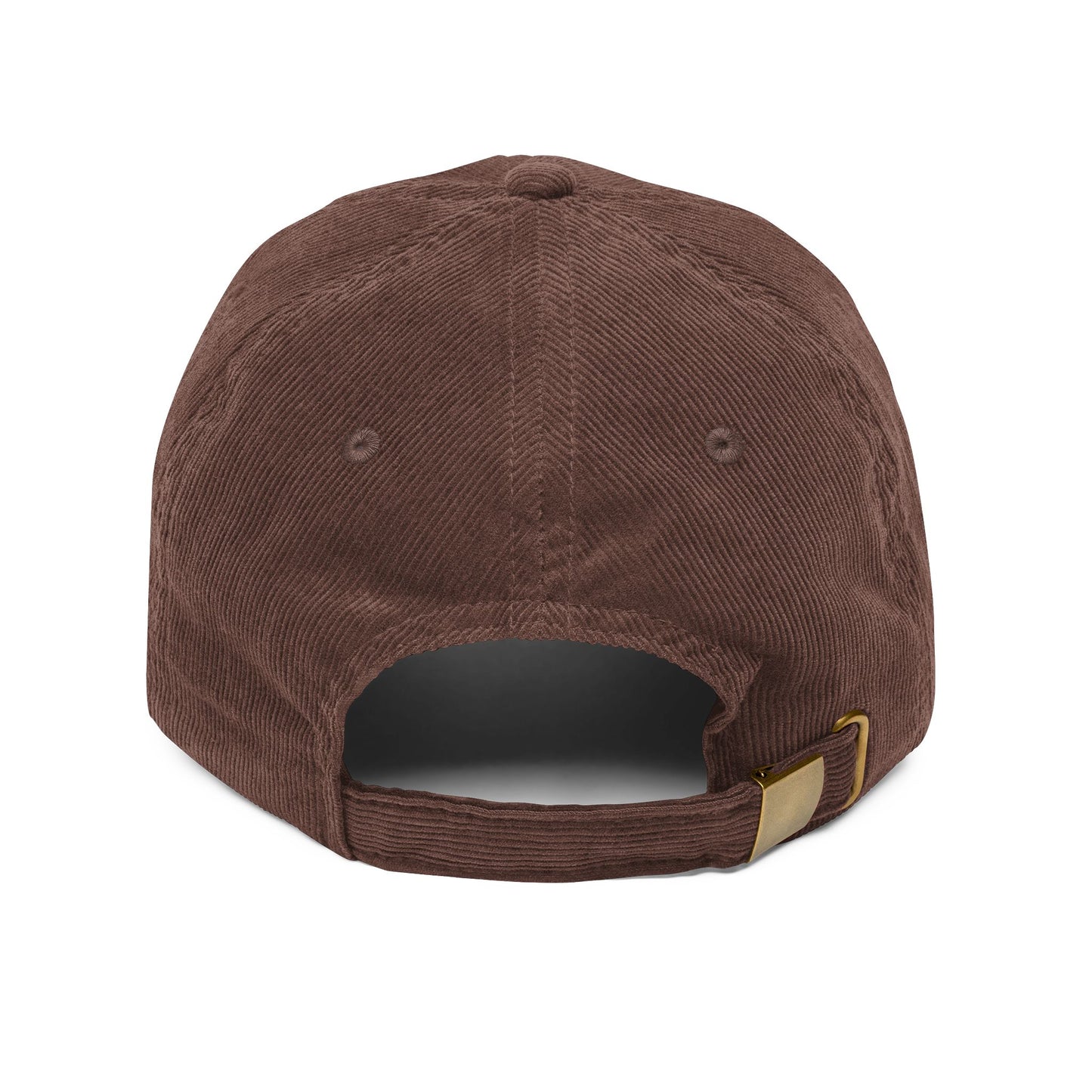 Back view of the Simple Black Orthodox TriBar Cross embroidered brown corduroy cap featuring an adjustable strap, brass buckle, and a cross detail inspired by Orthodox tradition.