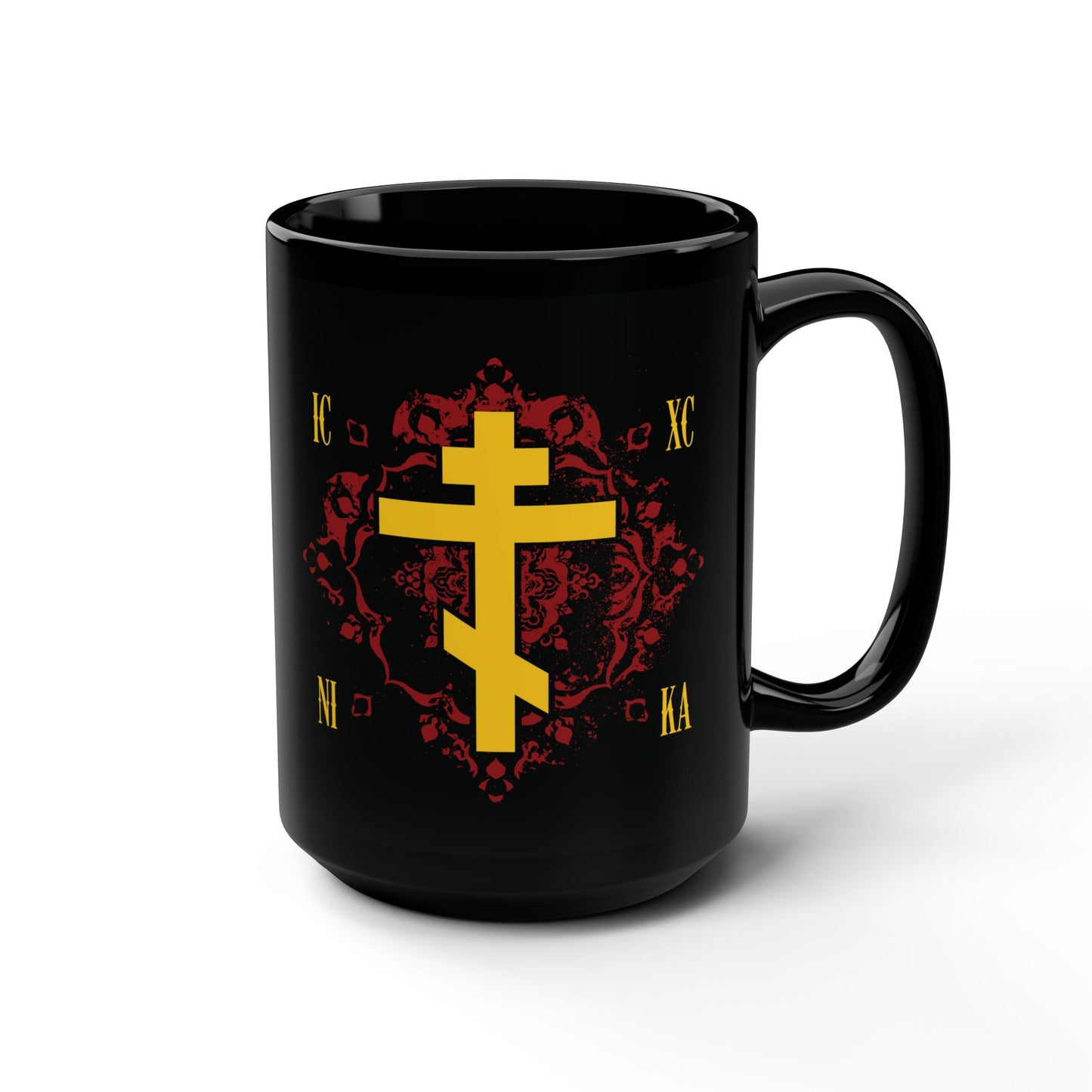 ICXC NIKA Yellow Russian Cross on Ornate Red Background Design | Jesus Christ Conquers | Orthodox Christian Black Mug