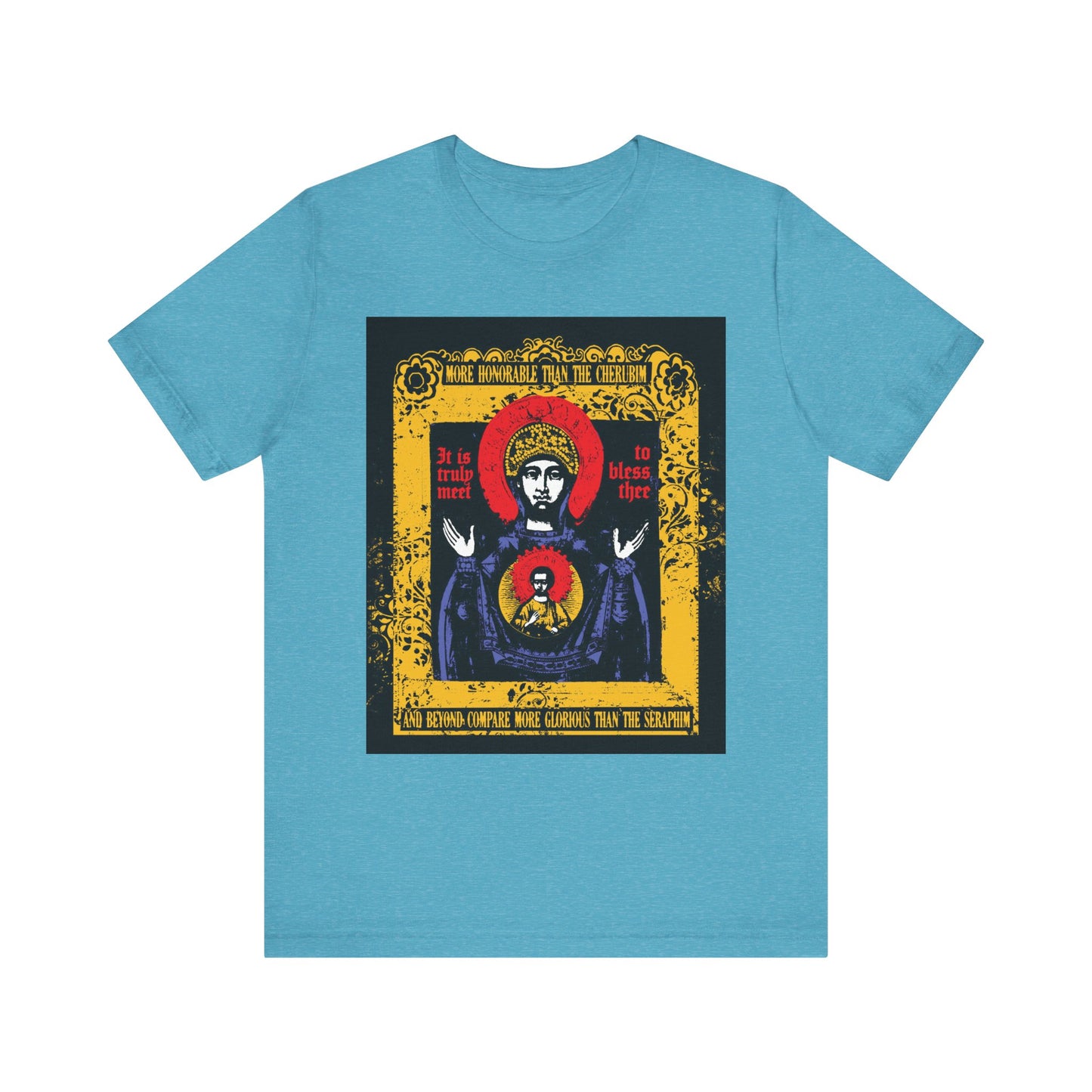 Heather aqua unisex tee featuring a colorful, ornate iconographic design of the Theotokos, or Mother of God, inspired by the revered "Axion Estin" hymn, with a haloed figure on the front.