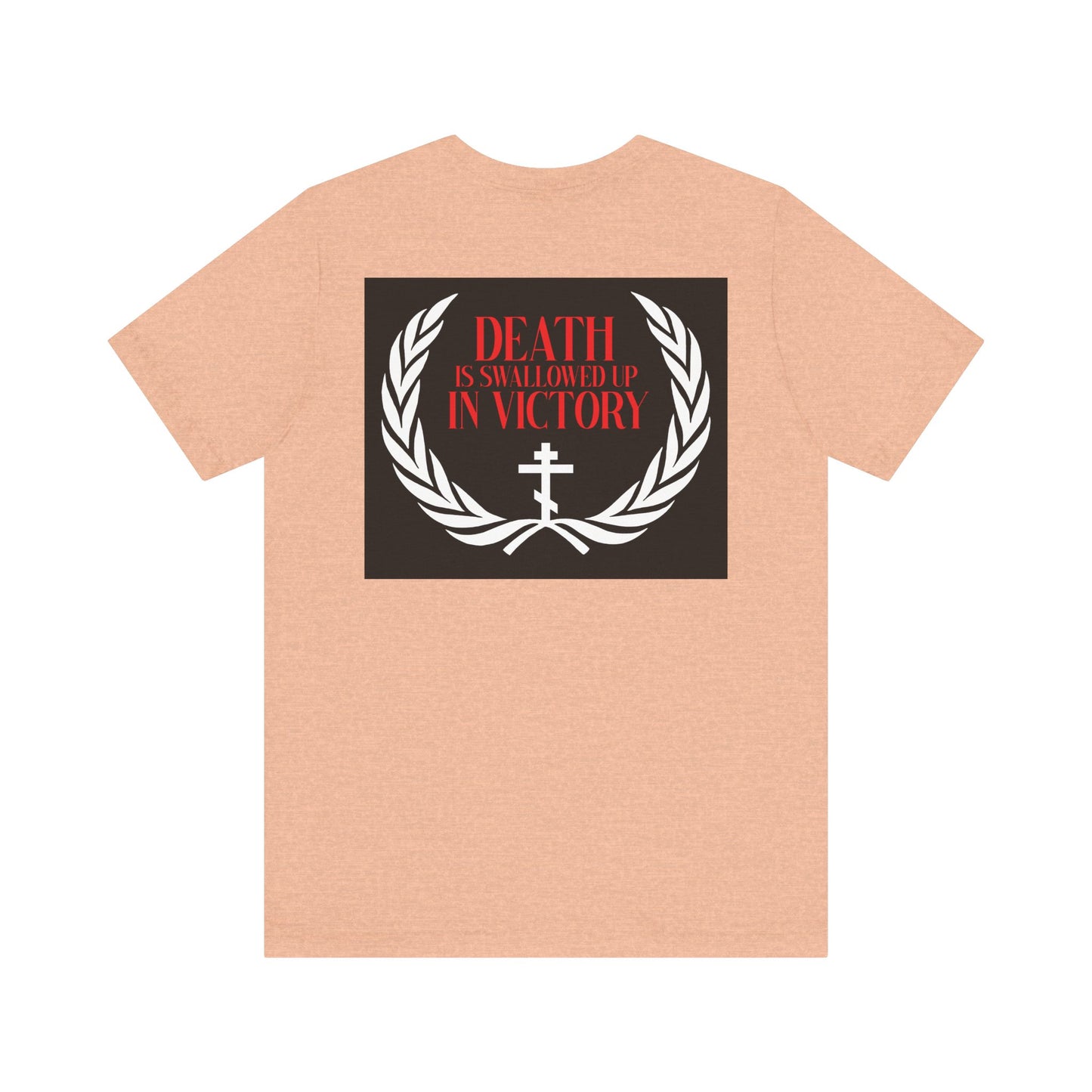 The Archangel Michael of the Apocalypse Iconographic / Death is Swallowed Up In Victory DOUBLE-SIDED T-shirt features a DEATH IS SWALLOWED UP IN VICTORY graphic above a laurel and cross, inspired by Archangel Michael at Colossae.