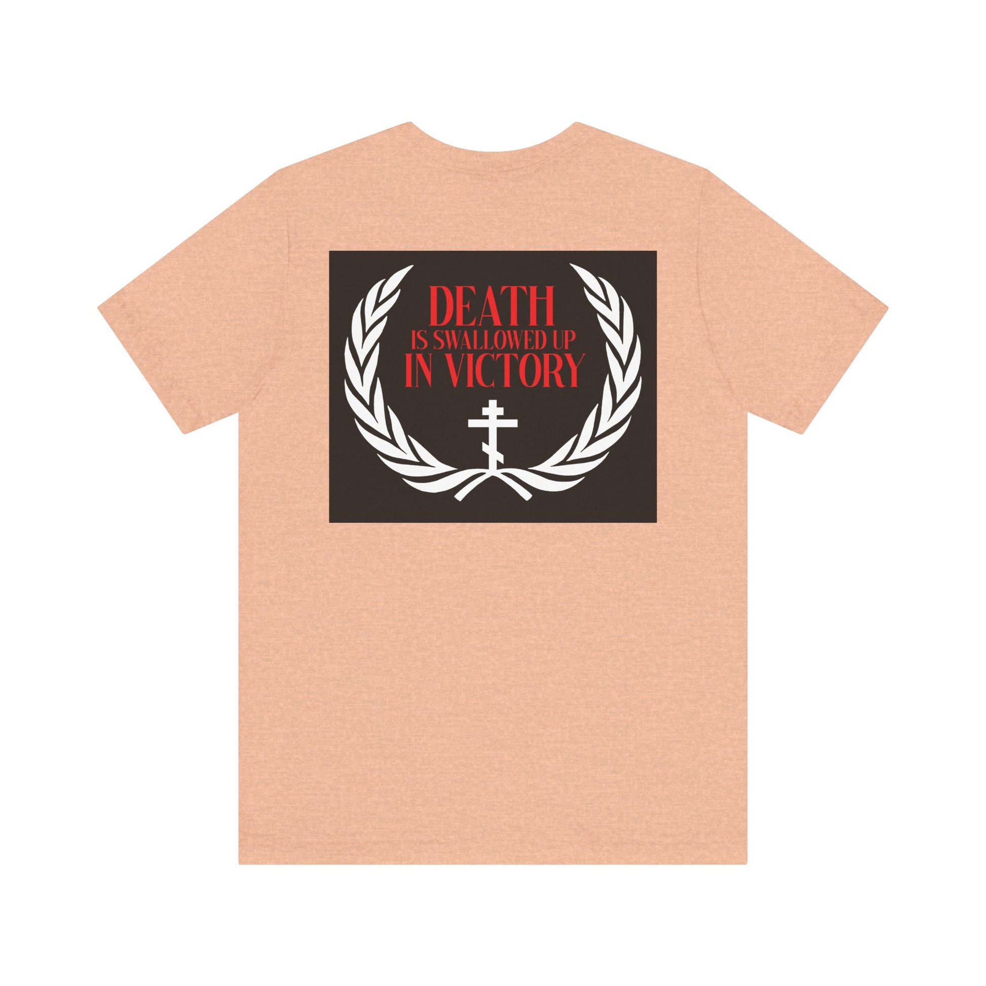 The Archangel Michael of the Apocalypse Iconographic / Death is Swallowed Up In Victory DOUBLE-SIDED T-shirt features a DEATH IS SWALLOWED UP IN VICTORY graphic above a laurel and cross, inspired by Archangel Michael at Colossae.