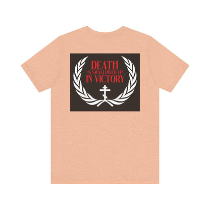 The Archangel Michael of the Apocalypse Iconographic / Death is Swallowed Up In Victory DOUBLE-SIDED T-shirt features a DEATH IS SWALLOWED UP IN VICTORY graphic above a laurel and cross, inspired by Archangel Michael at Colossae.