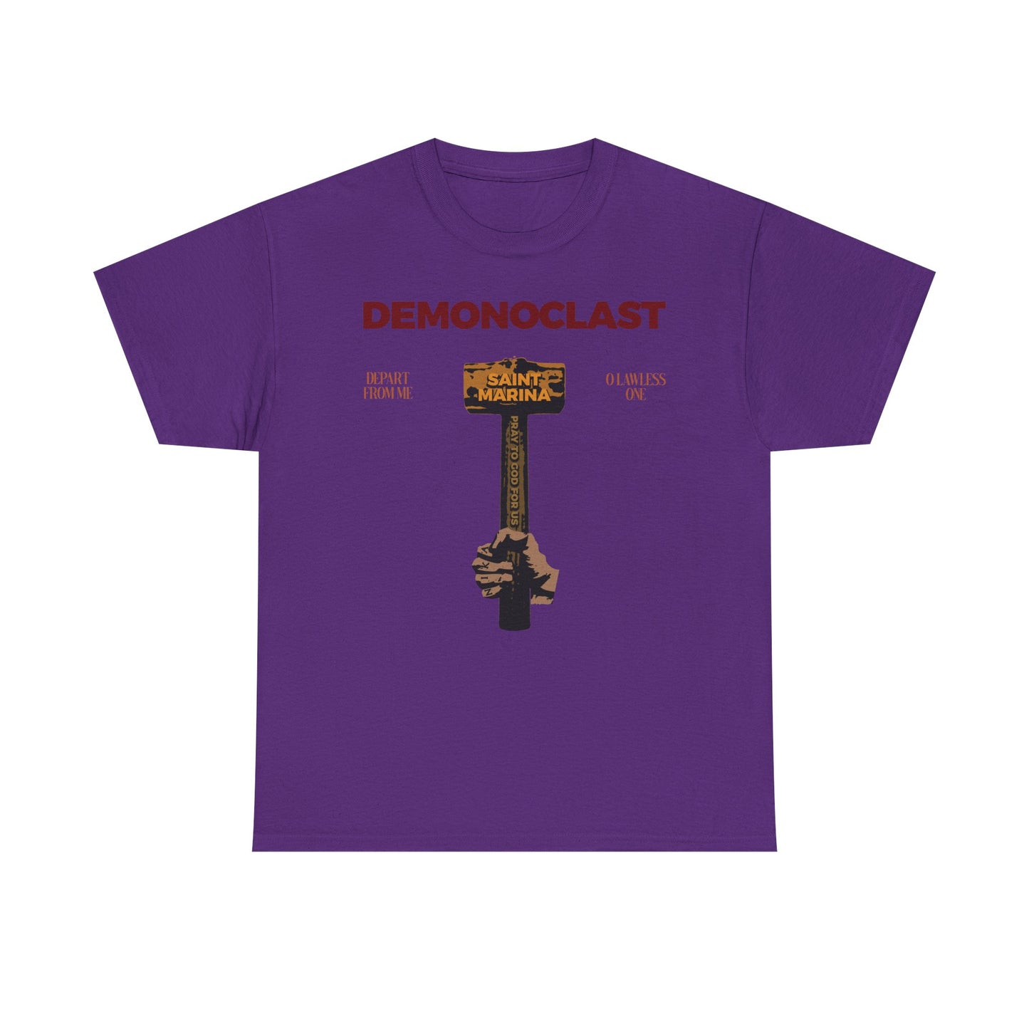 Purple midweight cotton unisex tee featuring “Demonoclast | St. Marina’s Hammer | NIKA Fist | Christ Conquers,” inspired by the legacy of the Great Martyr Marina.