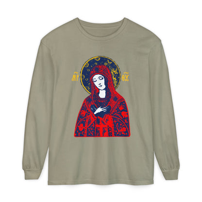 Joy of All Joys Tenderness Theotokos Iconographic Based on Traditional Orthodox Iconography | Red Design | Orthodox Christian Long Sleeve Shirt