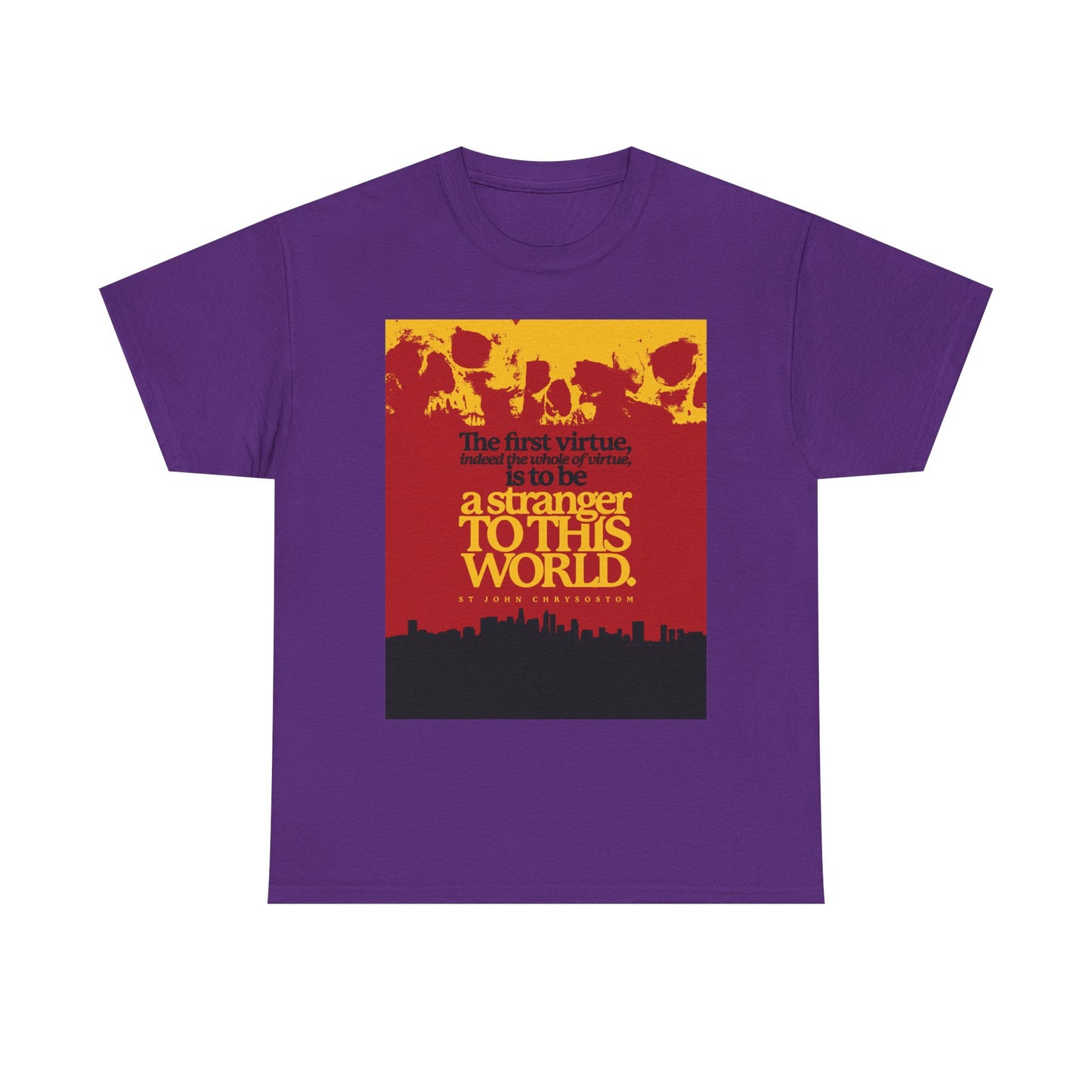 Purple midweight cotton unisex t-shirt featuring "All of Virtue is Be a Stranger To this World" (St John Chrysostom) with skulls and cityscape—a unique Orthodox Christian design.