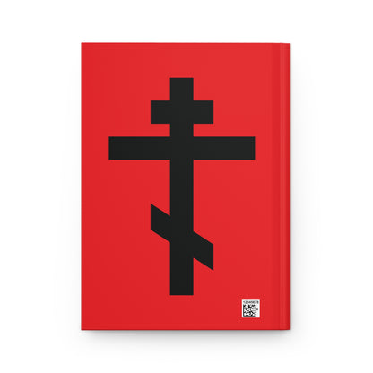 A red hardcover journal titled "Black Orthodox Cross Red Background | 'May I never boast, except in the cross of our Lord Jesus Christ' (Gal 6:14)" features a bold black Eastern Orthodox cross and a small QR code in the bottom right corner.