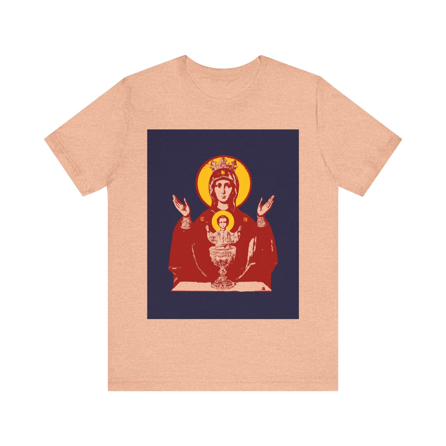 Heather Peach Orthodox Christian t-shirt featuring the Holy Theotokos IconoGraphic of the Inexhaustible Chalice, Deliverer from Addictions and Conqueror of Passions, inspired by a religious icon in red, yellow, and white.