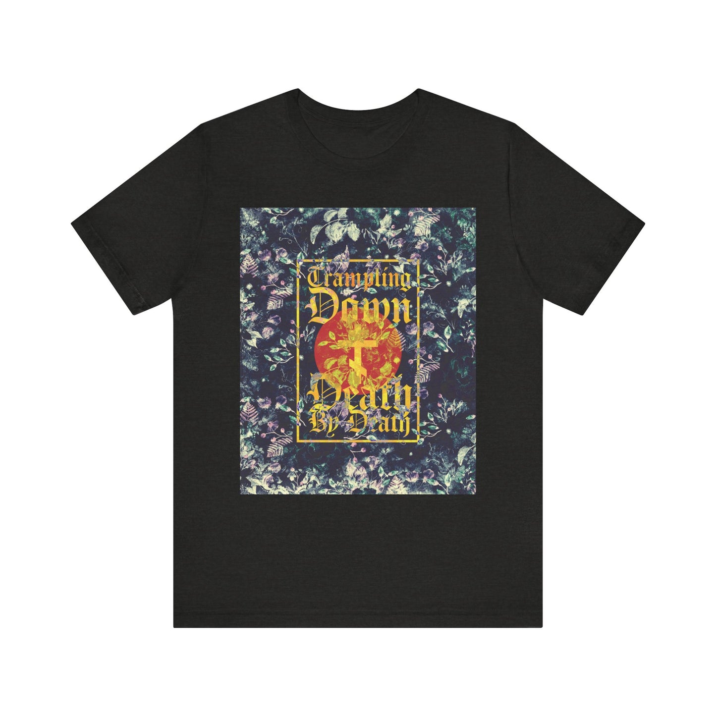 Black Heather unisex tee featuring a Paschal floral background, yellow gothic script reading "Trampling Down Death By Death," and a three-bar cross—an Orthodox-inspired lightweight cotton shirt celebrating the spirit of Jesus Conqueror.