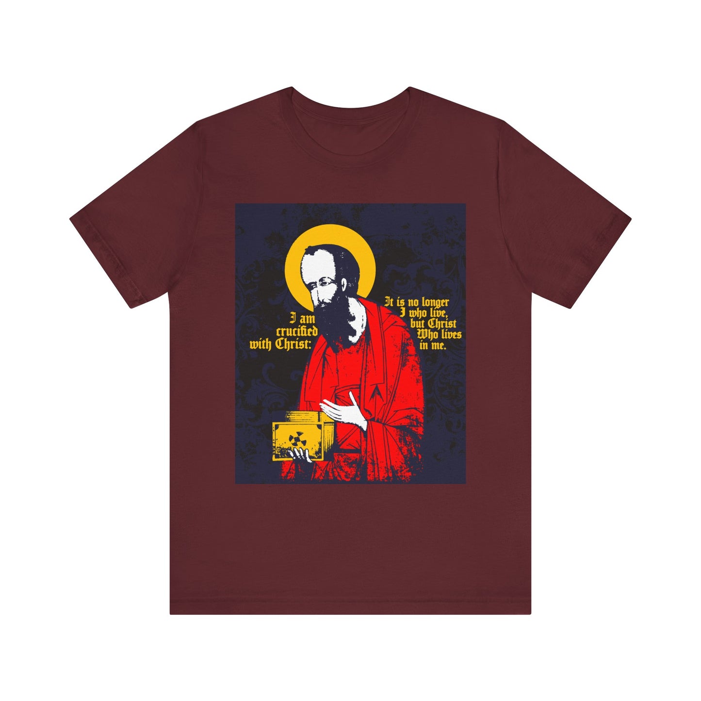 Maroon St Paul Holding Gospel Iconographic tee, featuring "I am crucified with Christ (Galatians 2:20)" and religious illustration, symbolizing new life and faith in Christ; Orthodox Christian lightweight cotton unisex shirt.