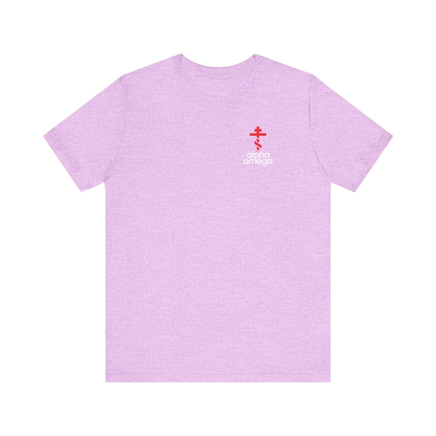 The Alpha & Omega Red Orthodox Cross (Small Design) Tee features a minimalist Adidas-inspired logo mashup on Heather Prism Lilac, symbolizing Christian life. This lightweight unisex cotton shirt is perfect for expressing faith and devotion.