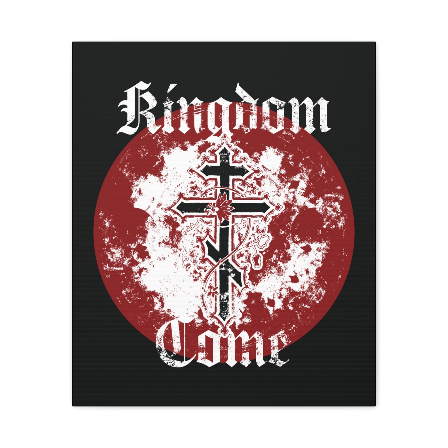 Kingdom Come Orthodox Christian Canvas Art features an Orthodox cross with vine, “Thy Kingdom Come” in textured gothic font, over a red and white splattered circle on black, inspired by the Lord’s Prayer.