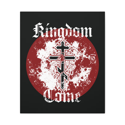 Kingdom Come Orthodox Christian Canvas Art features an Orthodox cross with vine, “Thy Kingdom Come” in textured gothic font, over a red and white splattered circle on black, inspired by the Lord’s Prayer.