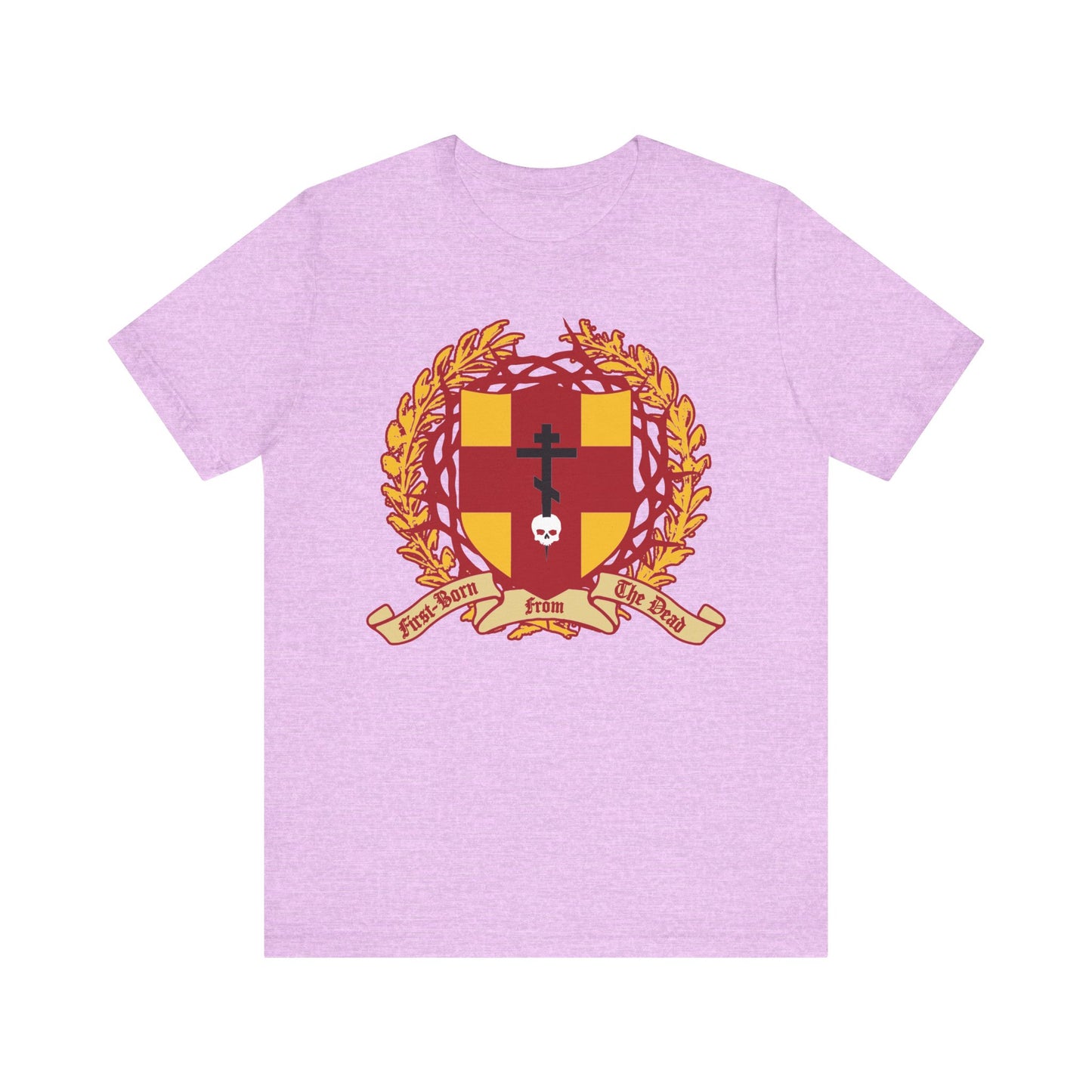 Heather Prism Lilac t-shirt featuring the "First-Born from the Dead (Col 1:18)" design: an Orthodox cross stabbing a skull, heraldic shield with crown of thorns—symbolizing redemption—on lightweight unisex cotton.