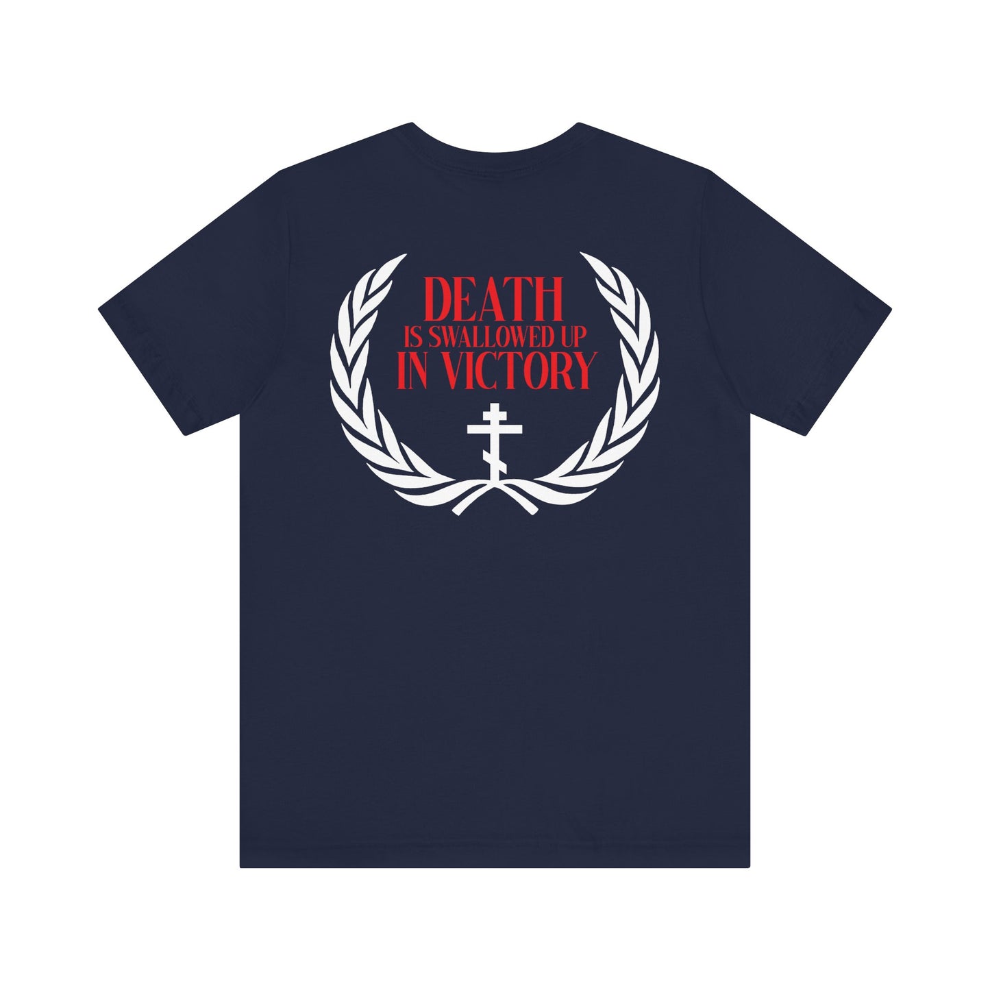 The Archangel Michael of the Apocalypse Iconographic T-shirt features "Death is Swallowed Up In Victory" and a cross in a white laurel wreath on the back. Made from lightweight cotton, this double-sided unisex tee is inspired by his miracle at Colossae.