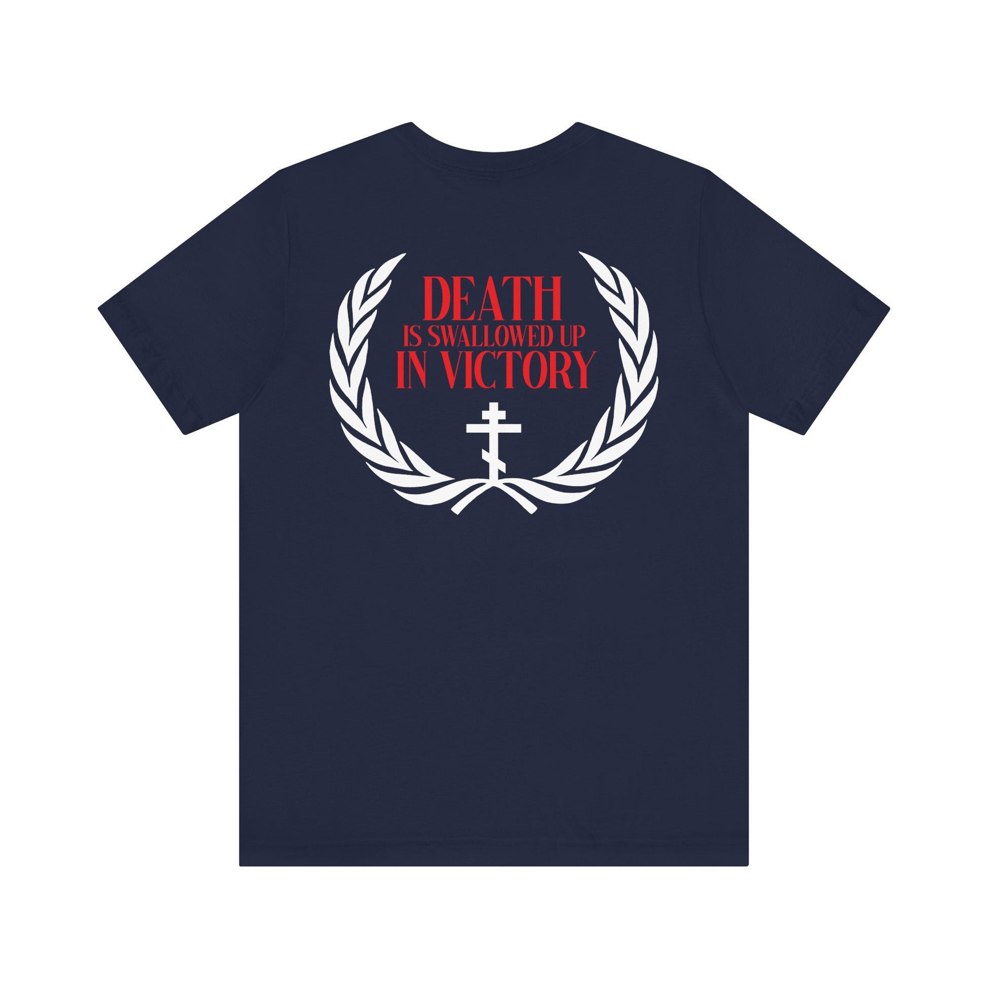 The Archangel Michael of the Apocalypse Iconographic T-shirt features "Death is Swallowed Up In Victory" and a cross in a white laurel wreath on the back. Made from lightweight cotton, this double-sided unisex tee is inspired by his miracle at Colossae.
