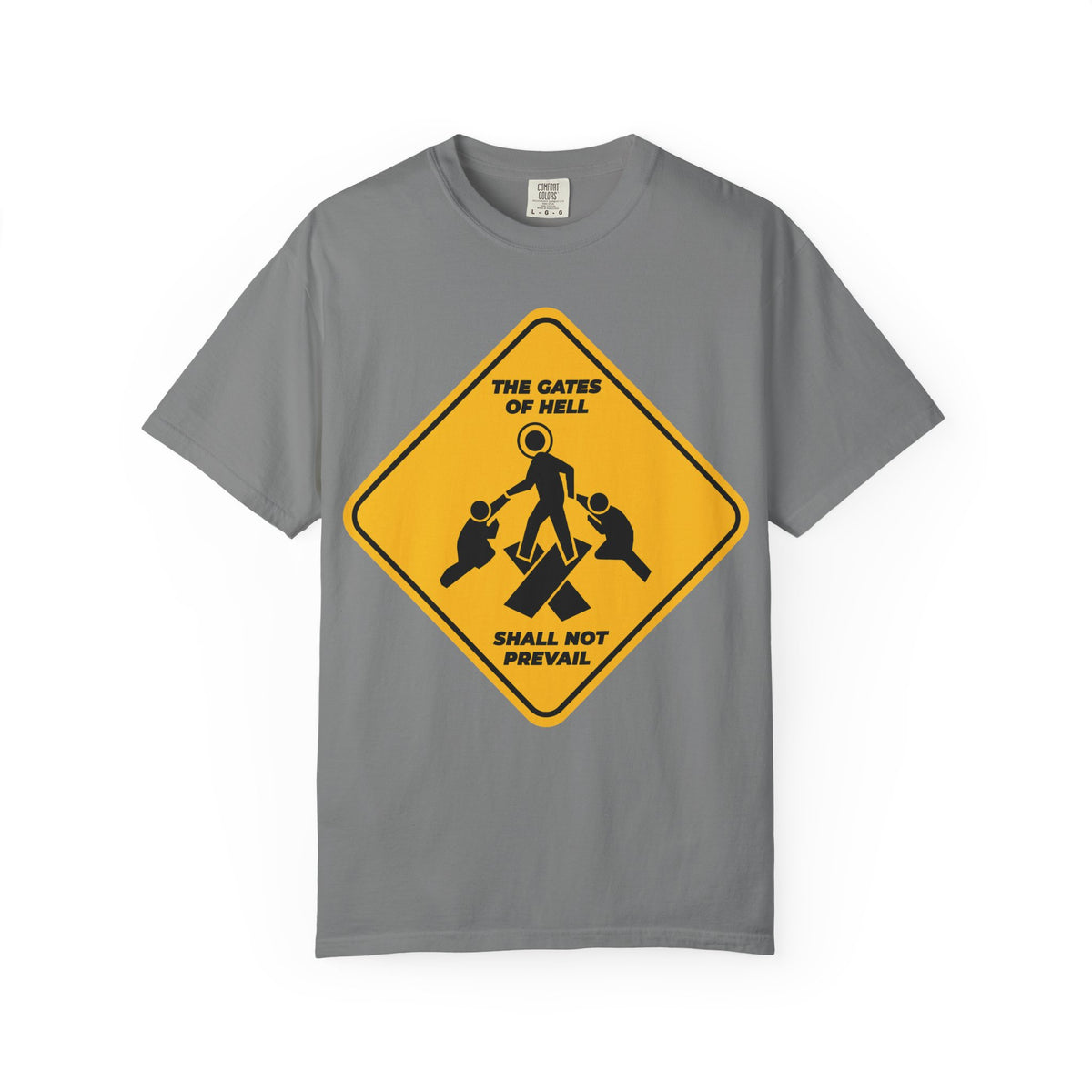 Grey heavyweight cotton unisex tee featuring a minimalist yellow street sign Pascha icon with stick figures and the text “The gates of hell shall not prevail,” inspired by Isaiah 45:2-3 and its promise of treasures of darkness; part of the “Trampling Down Death By Death” collection.