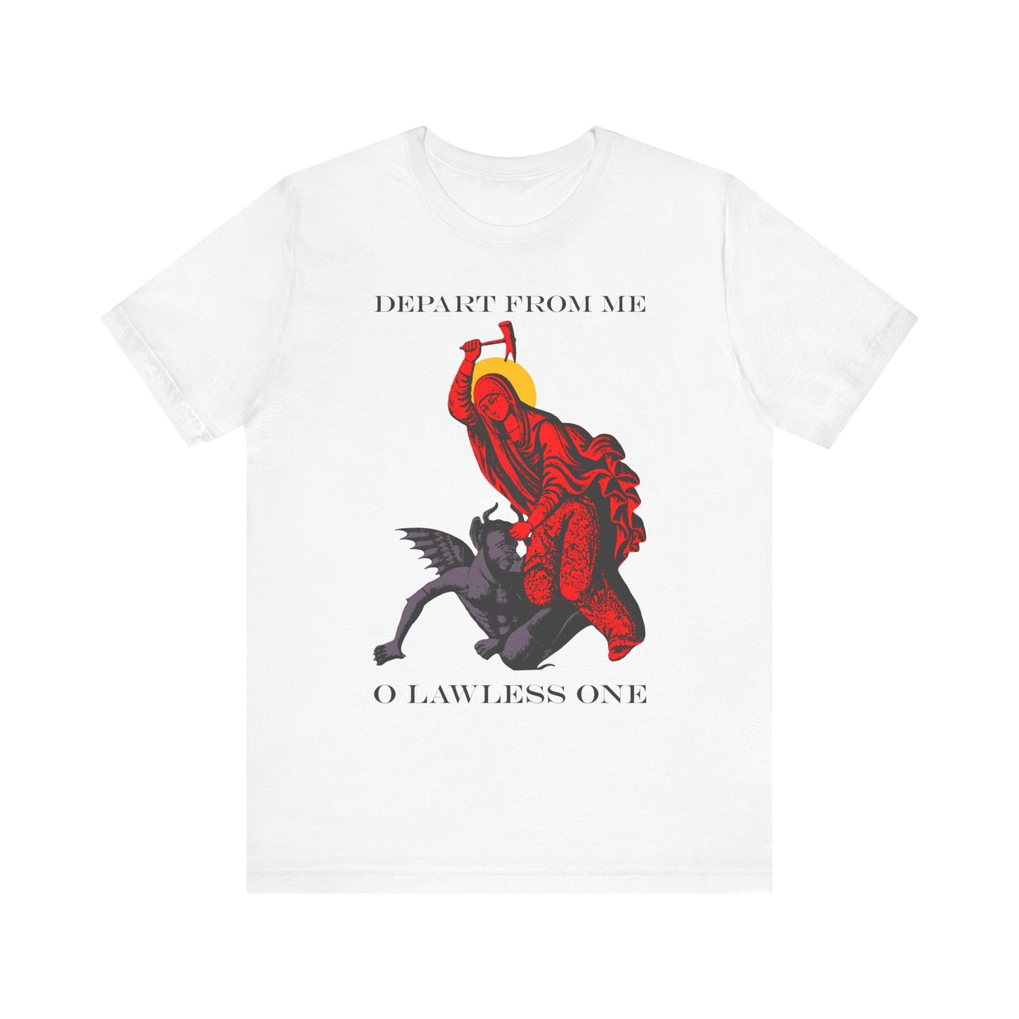 White St Marina IconoGraphic tee showing the saint beating the devil with a hammer, inspired by Margaret of Antioch; features “Depart from Me O Lawless One” text. Lightweight cotton, unisex fit.