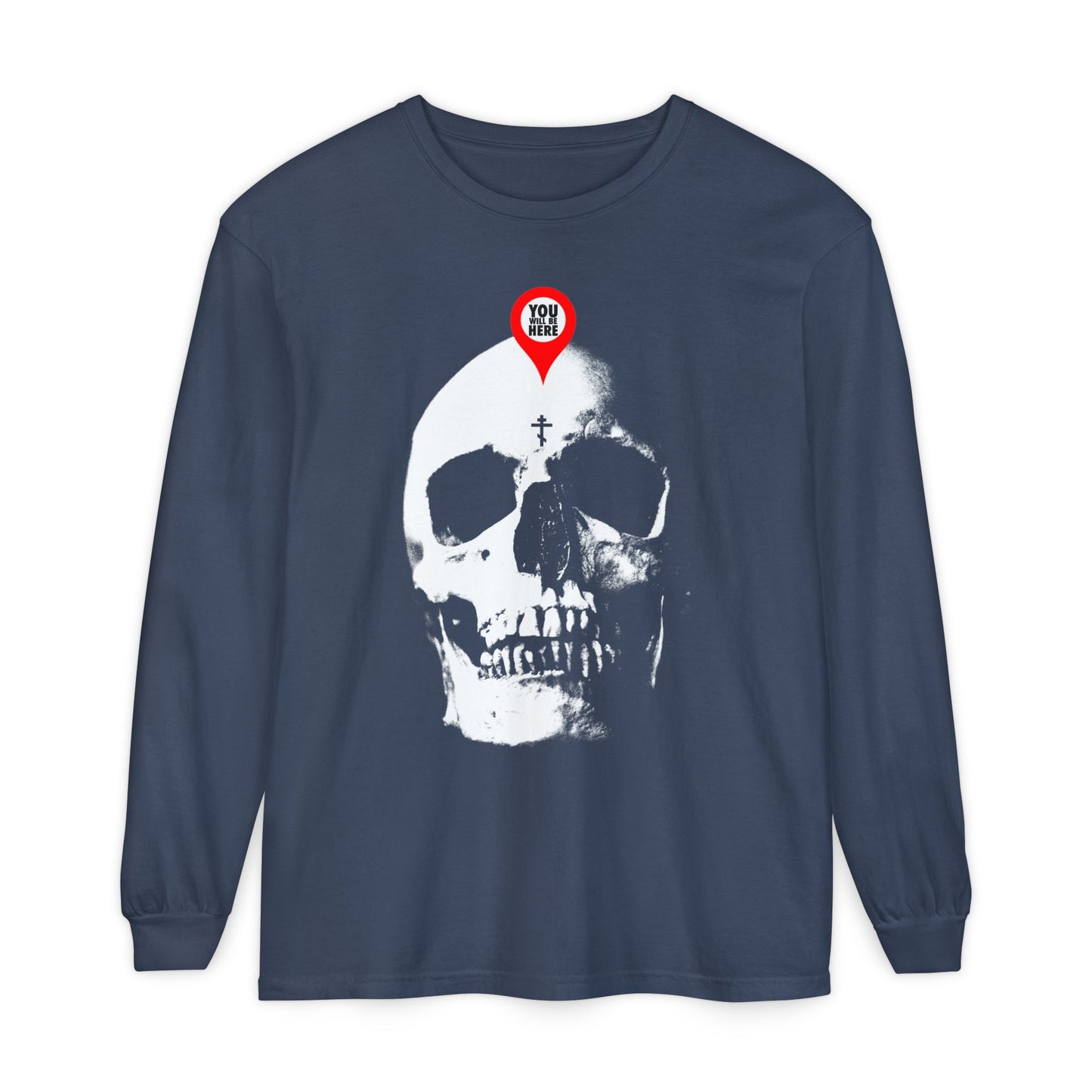 Midnight long-sleeve featuring a bold skull design with a map marker—"You Will Be Here." Inspired by St. Ignatius Brianchaninov, this Orthodox memento mori shirt reminds you: "What you are I once was; remember you will die.